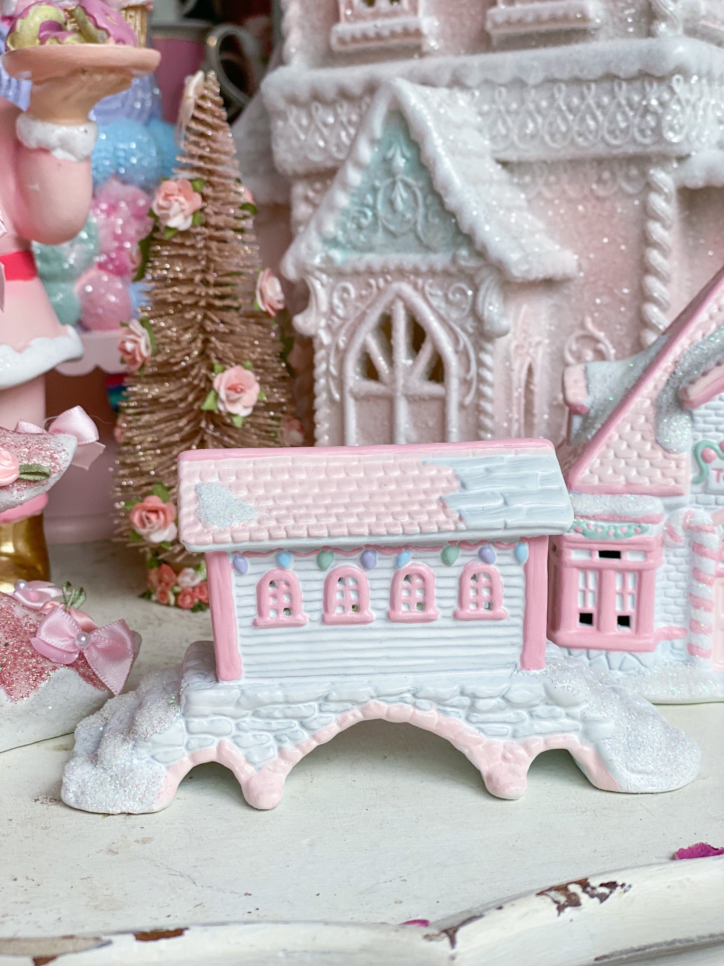 Bespoke Pink and White Christmas Village covered Bridge