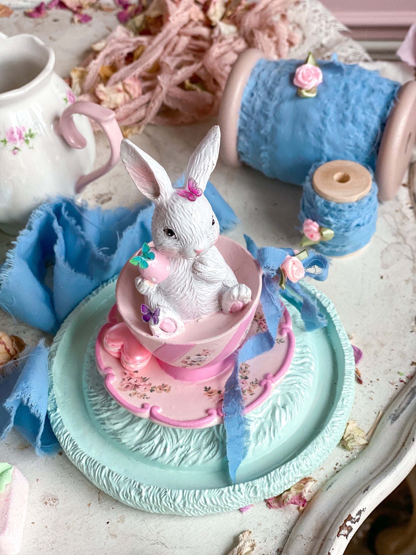 Bespoke Hand Painted Pastel Pink Bunny in a Tea Cup Cloche