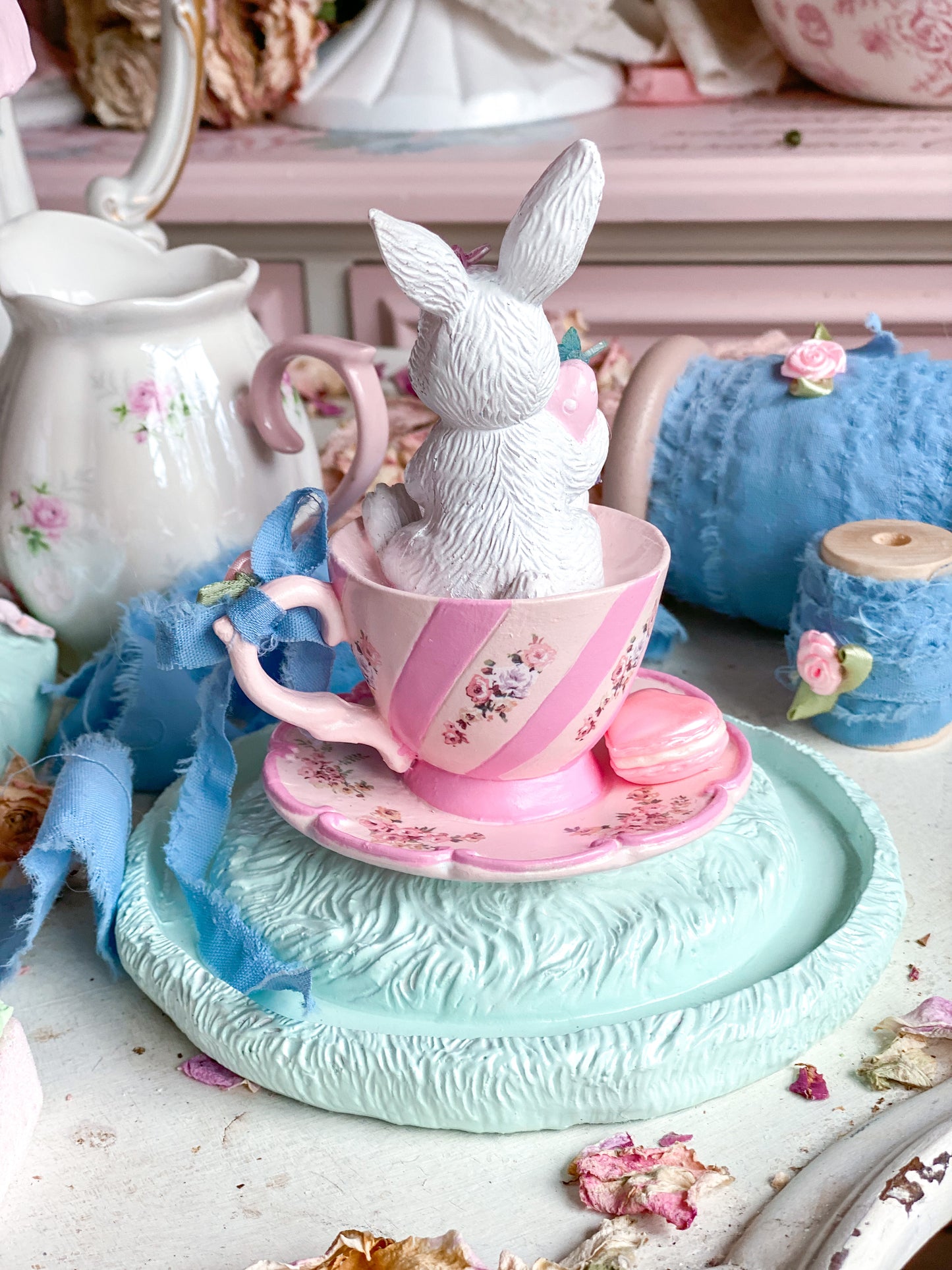 Bespoke Hand Painted Pastel Pink Bunny in a Tea Cup Cloche