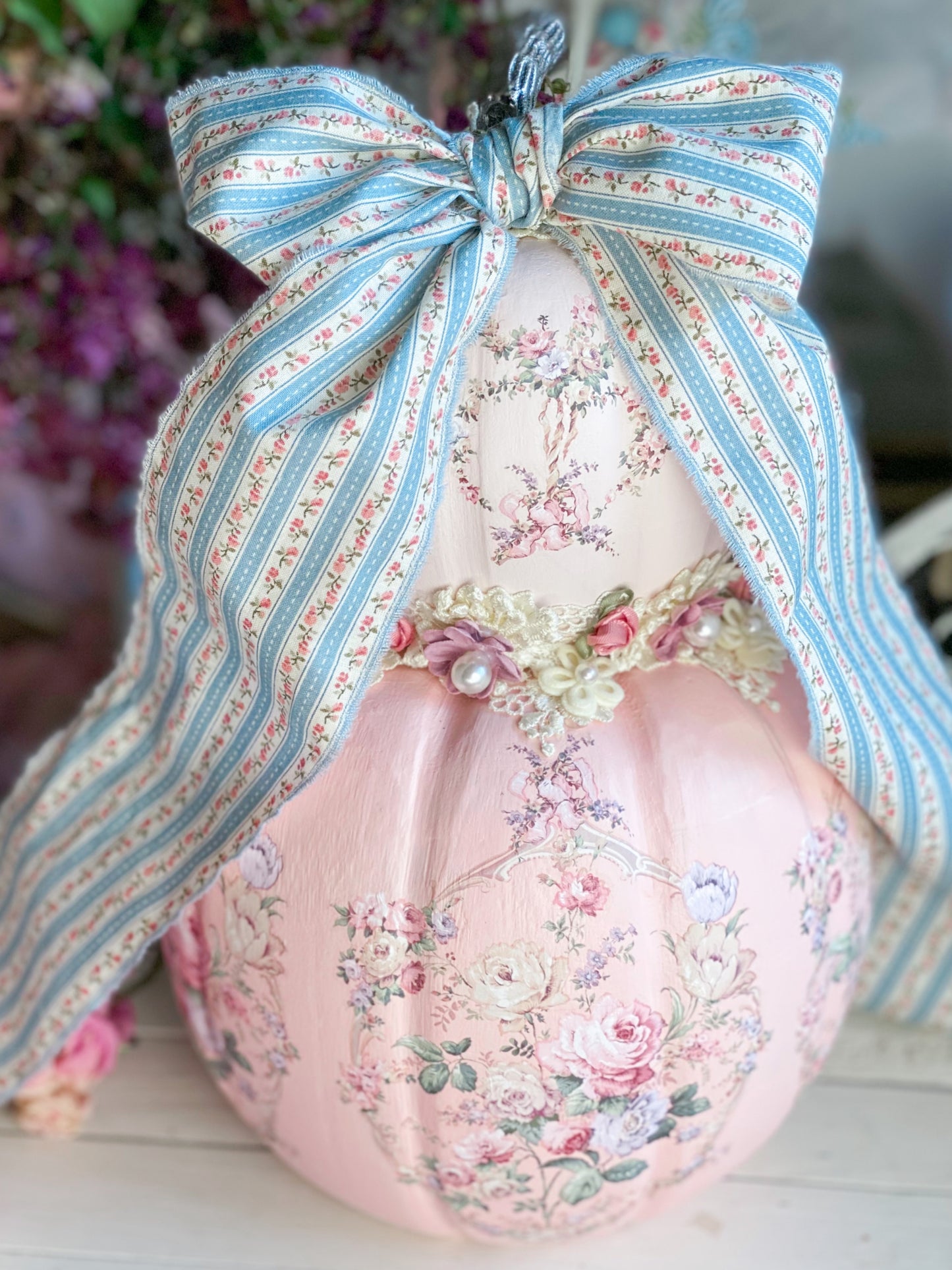 Bespoke Pink Double Pumpkin Stack w/ Blue Ribbon