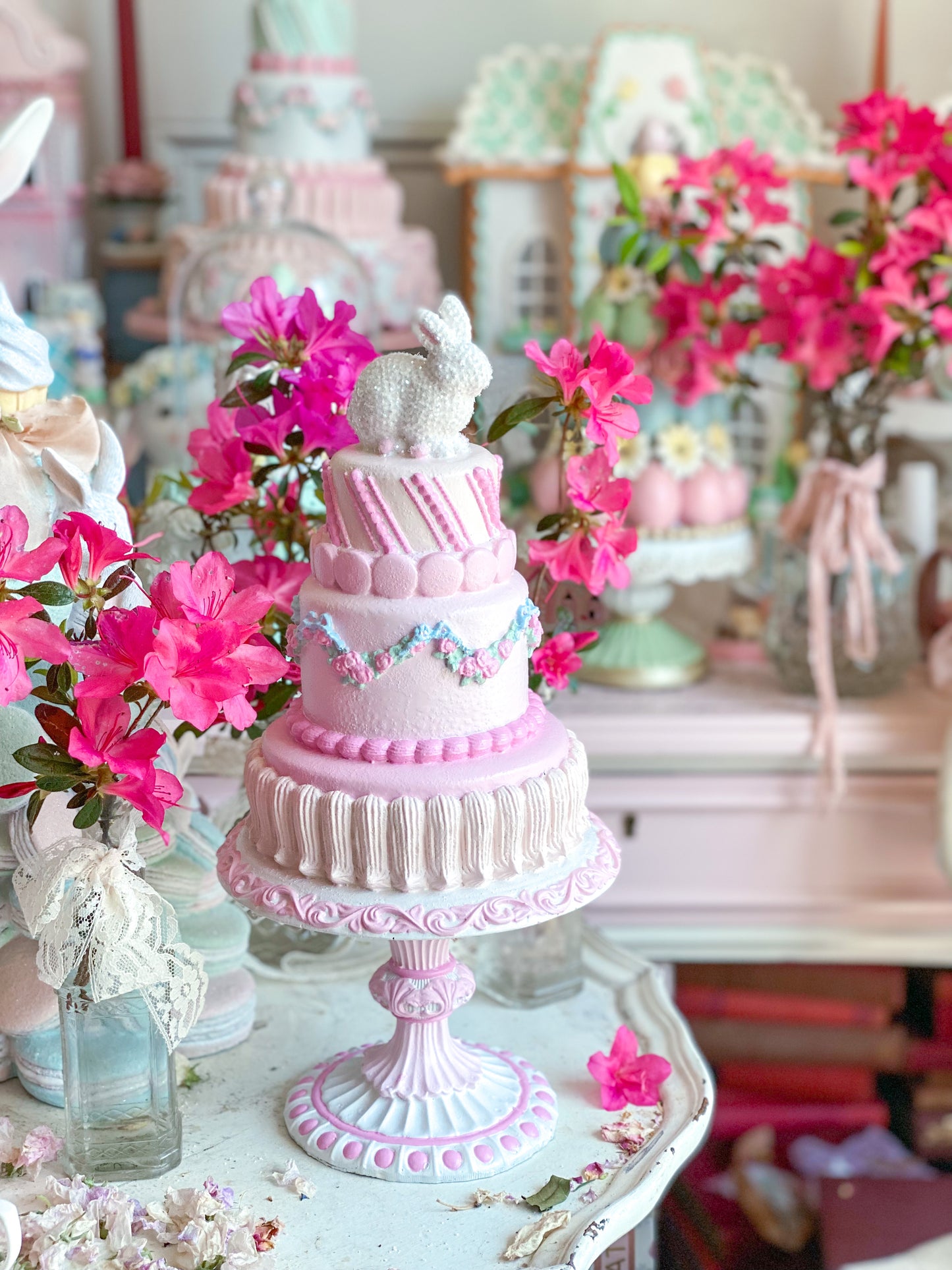 GLOW-UP COMMISSION: Bespoke Pastel Pink Bunny Cake with Floral Garland on Pedestal Base