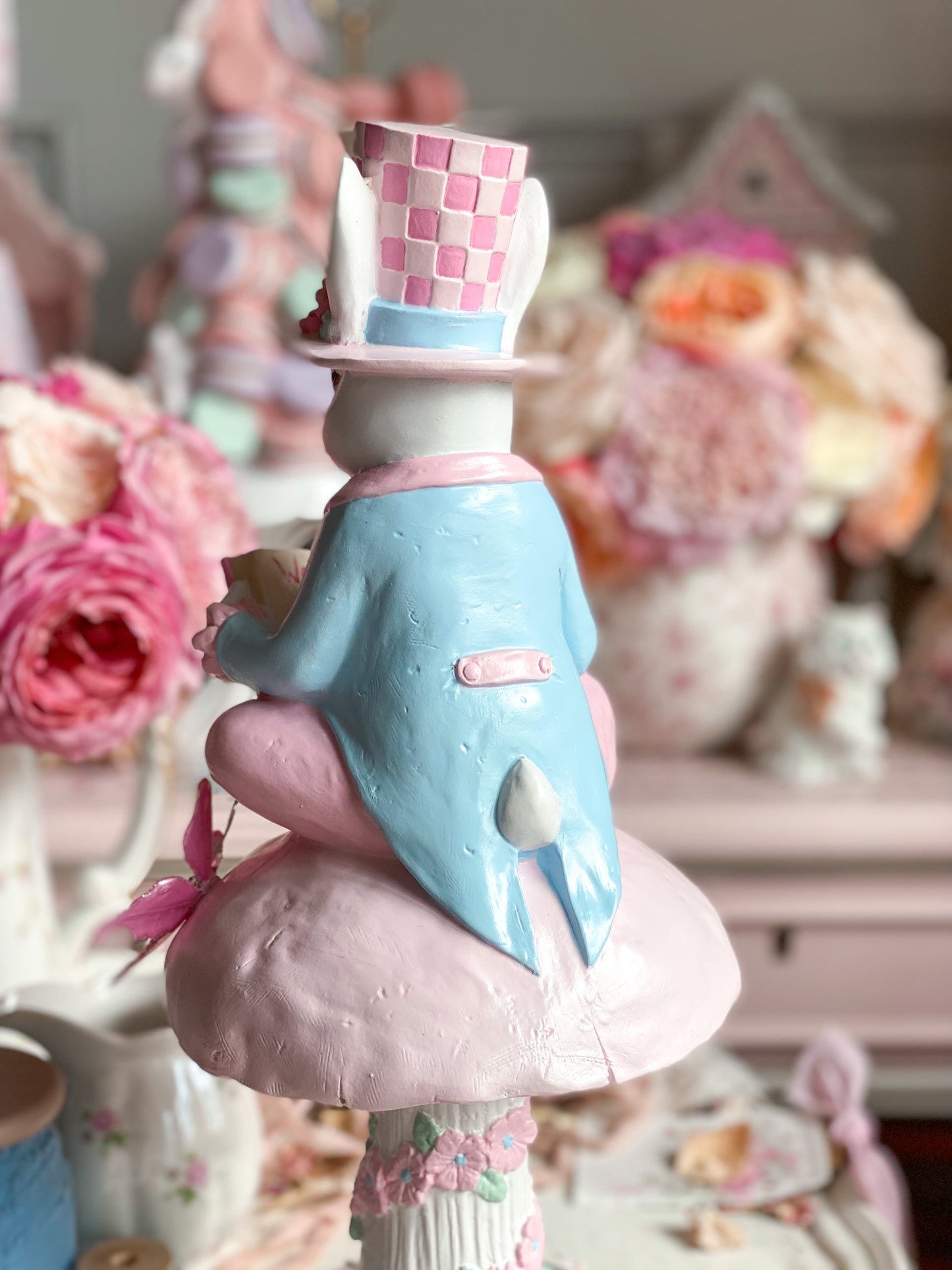Bespoke Hand Painted Pastel Pink & Blue Mad Hatter Bunny Reading Book of Alice in Wonderland on a Mushroom