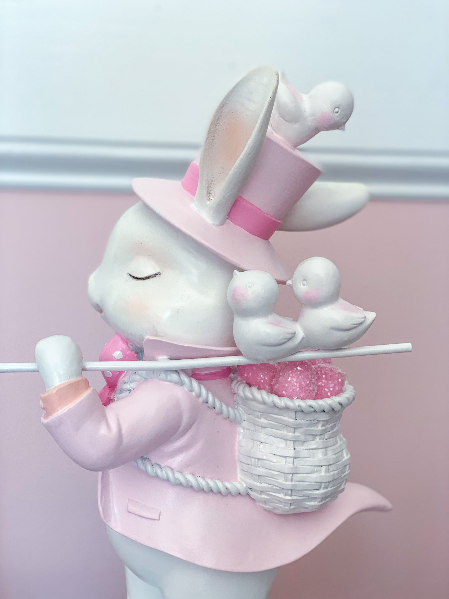 GLOW-UP COMMISSION: Bespoke Hand Painted Pastel Pink Mad Hatter Bunny Strolling with his chicks