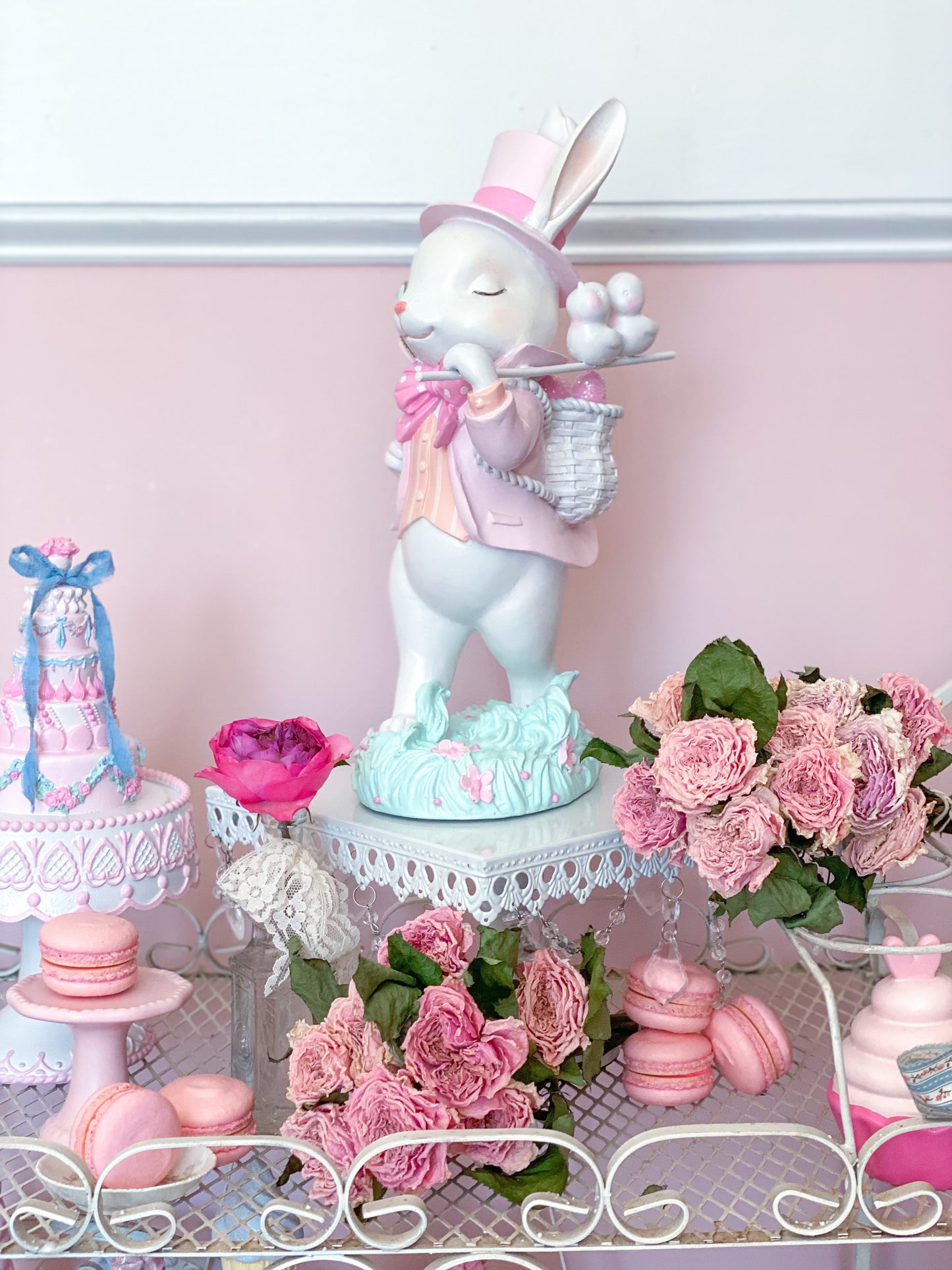 GLOW-UP COMMISSION: Bespoke Hand Painted Pastel Pink Mad Hatter Bunny Strolling with his chicks