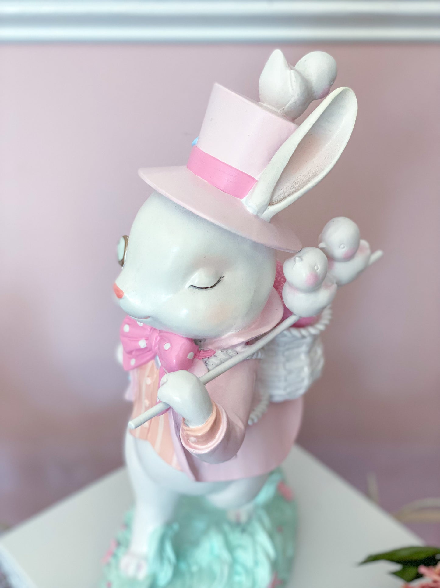 GLOW-UP COMMISSION: Bespoke Hand Painted Pastel Pink Mad Hatter Bunny Strolling with his chicks