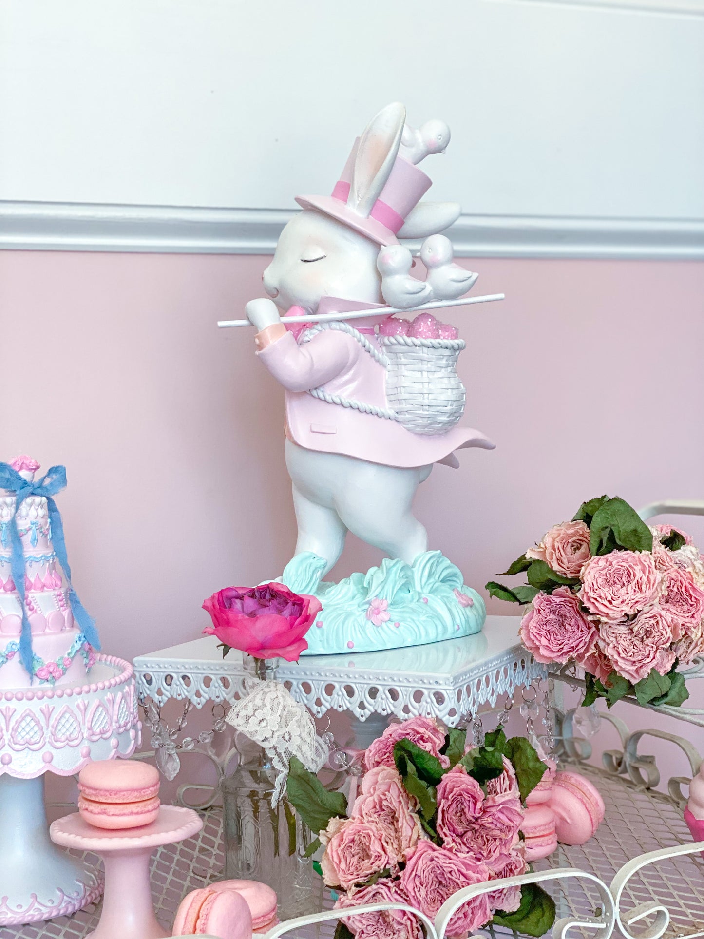 GLOW-UP COMMISSION: Bespoke Hand Painted Pastel Pink Mad Hatter Bunny Strolling with his chicks