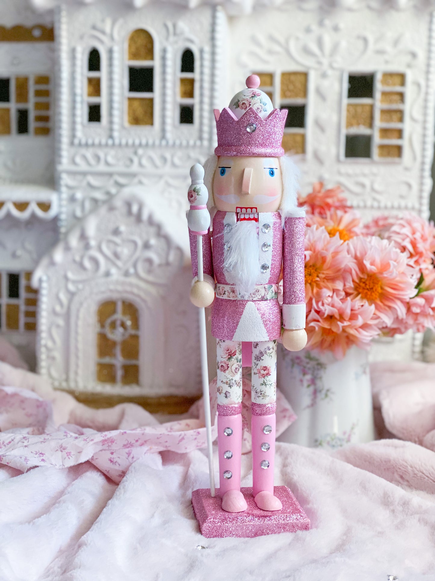 Bespoke Pink Glitter Wooden Nutcracker with Floral Pants