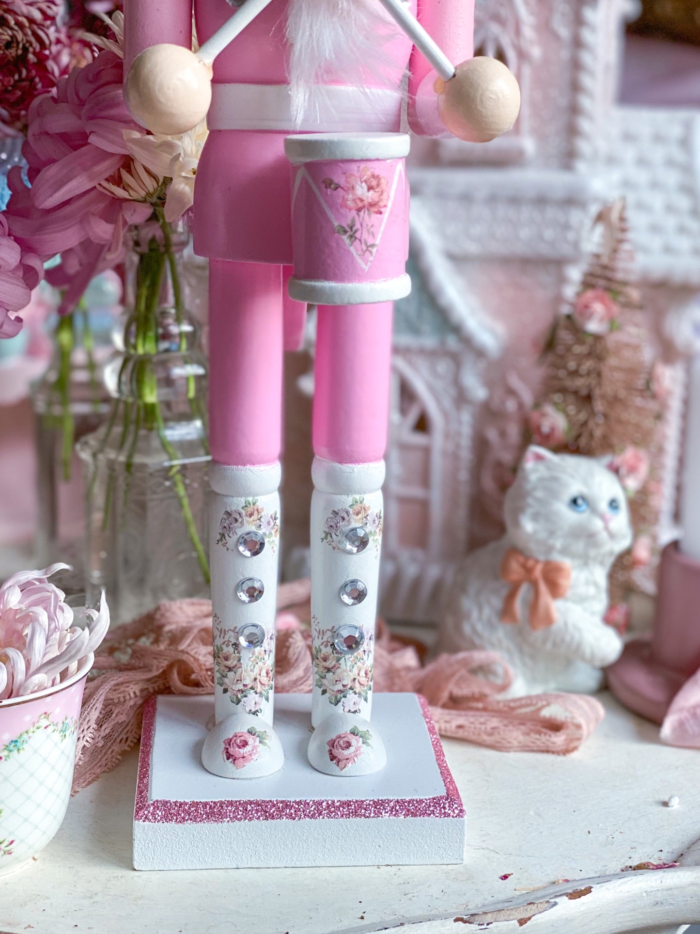Bespoke Pastel Pink Glitter Drummer Nutcracker with Floral Boots