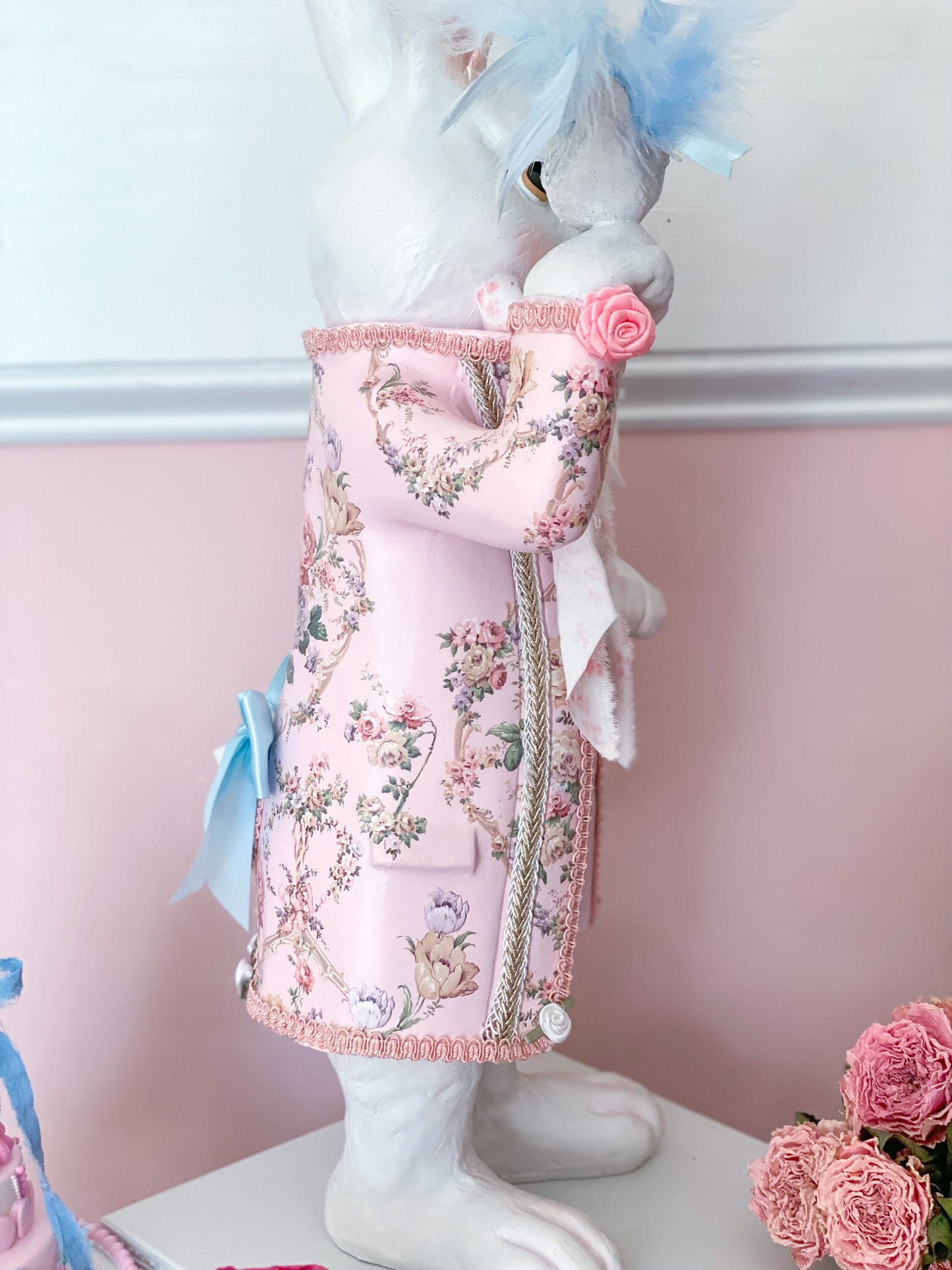 GLOW-UP COMMISSION: Bespoke Pastel Pink Rococo French Dandy Bunny with Brocade Style Jacket