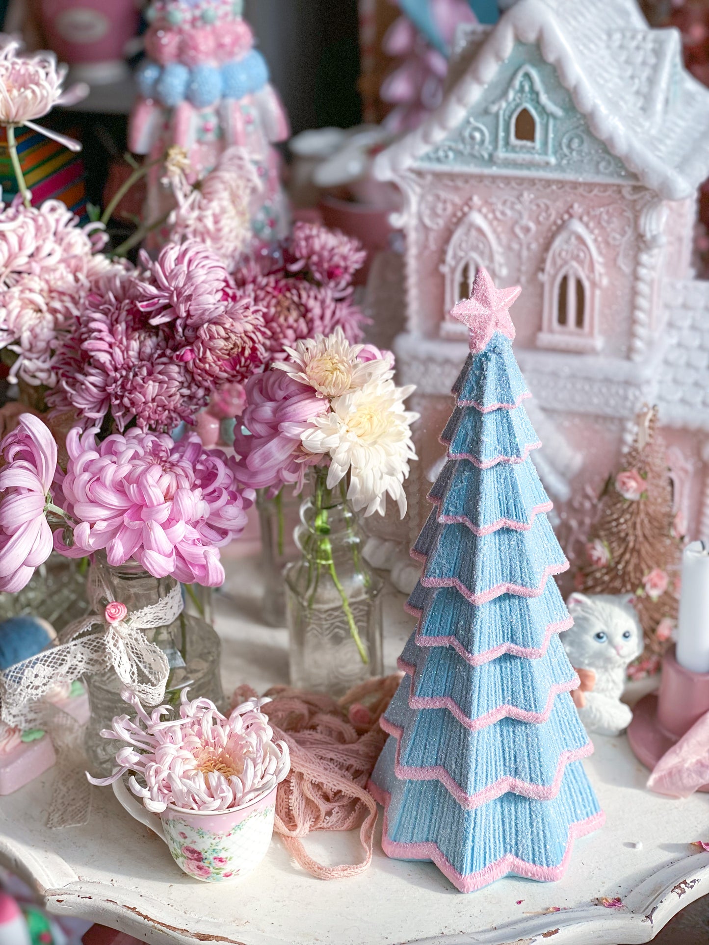 Bespoke Pastel Blue and Pink Hand Painted Glitter Christmas Tree