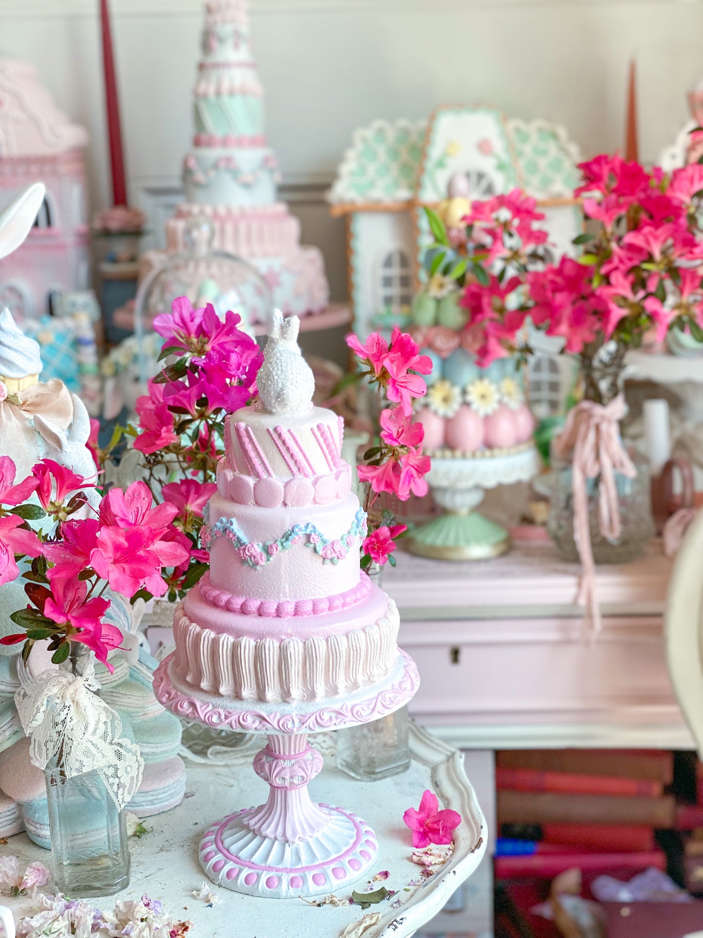 GLOW-UP COMMISSION: Bespoke Pastel Pink Bunny Cake with Floral Garland on Pedestal Base