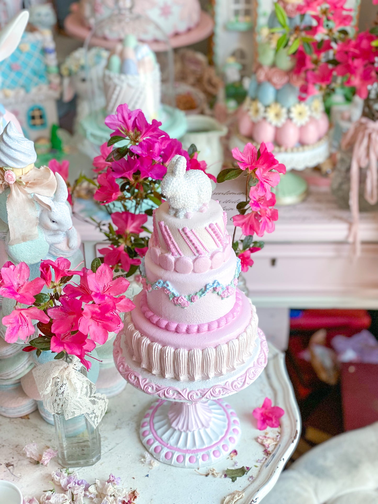 GLOW-UP COMMISSION: Bespoke Pastel Pink Bunny Cake with Floral Garland on Pedestal Base