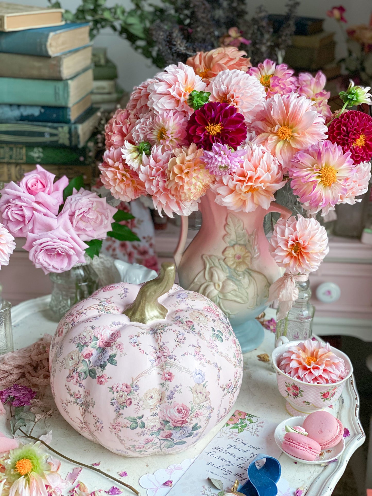Pink Upcycled Shabby Chic Hand Painted Ceramic Pumpkin