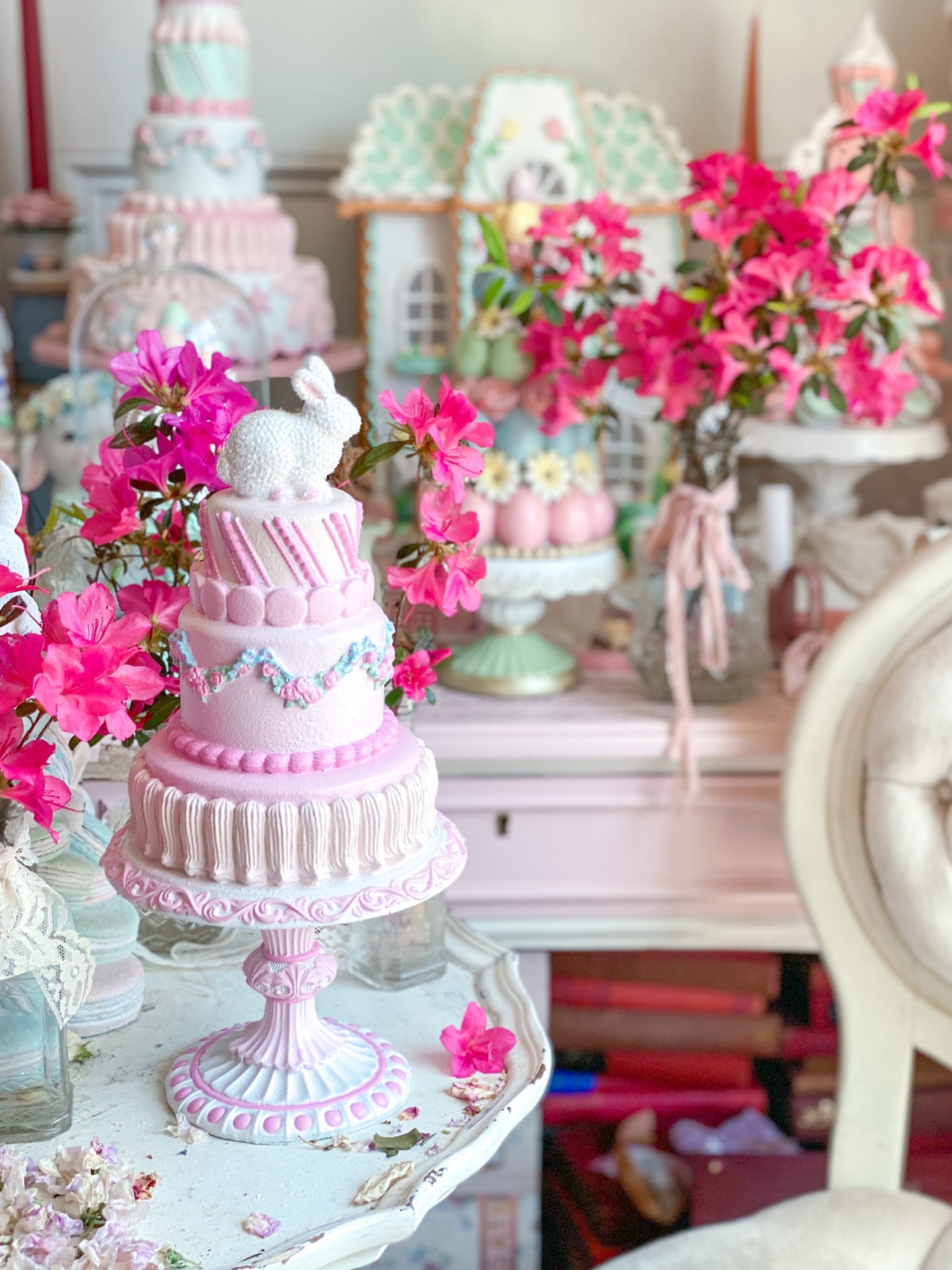 GLOW-UP COMMISSION: Bespoke Pastel Pink Bunny Cake with Floral Garland on Pedestal Base