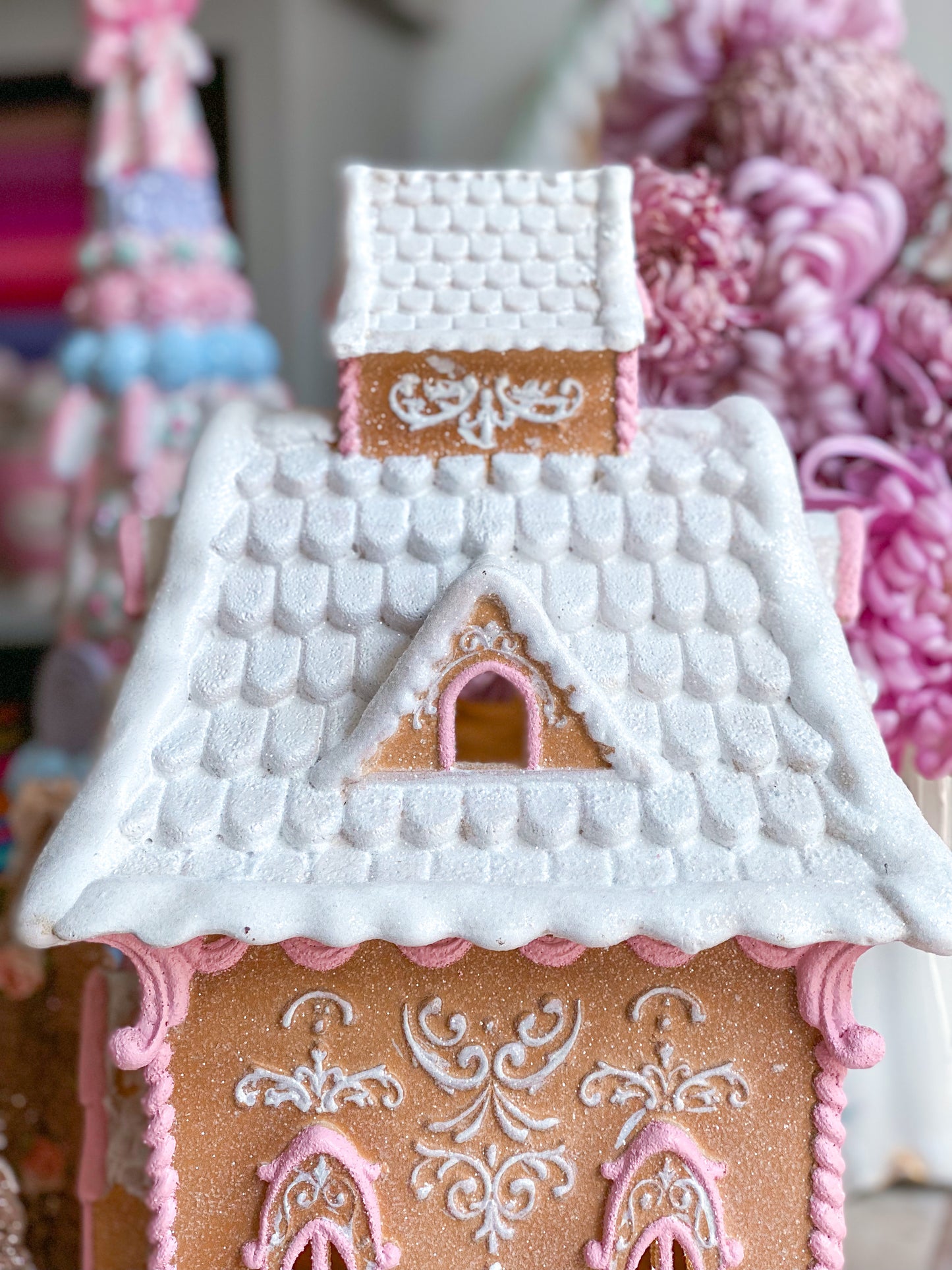 Bespoke Hand Painted LED light up Gingerbread House with Pink Details