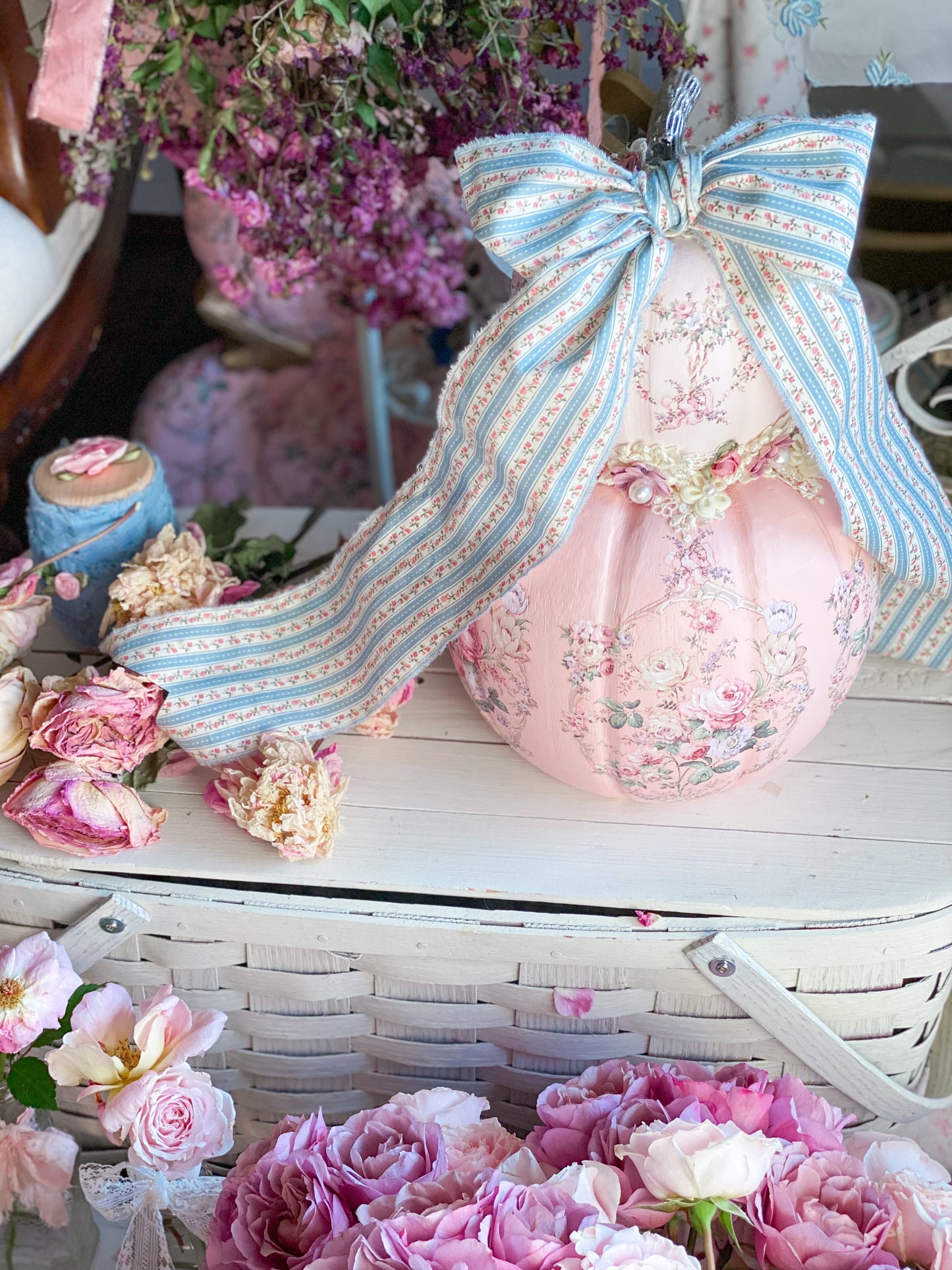 Bespoke Pink Double Pumpkin Stack w/ Blue Ribbon