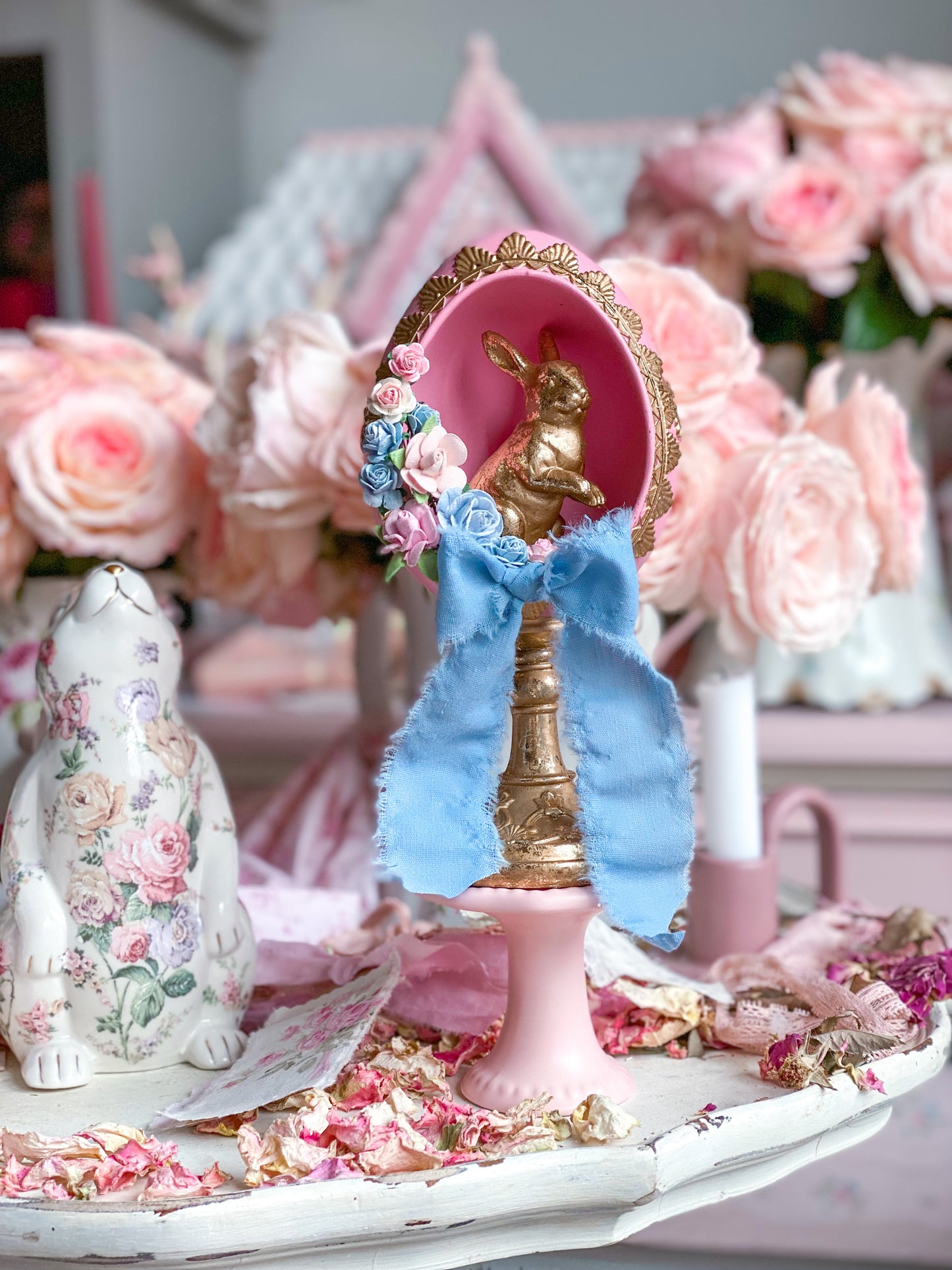 Bespoke Pastel Pink, Blue and Gold Shabby Chic Egg Finial with Easter Bunny