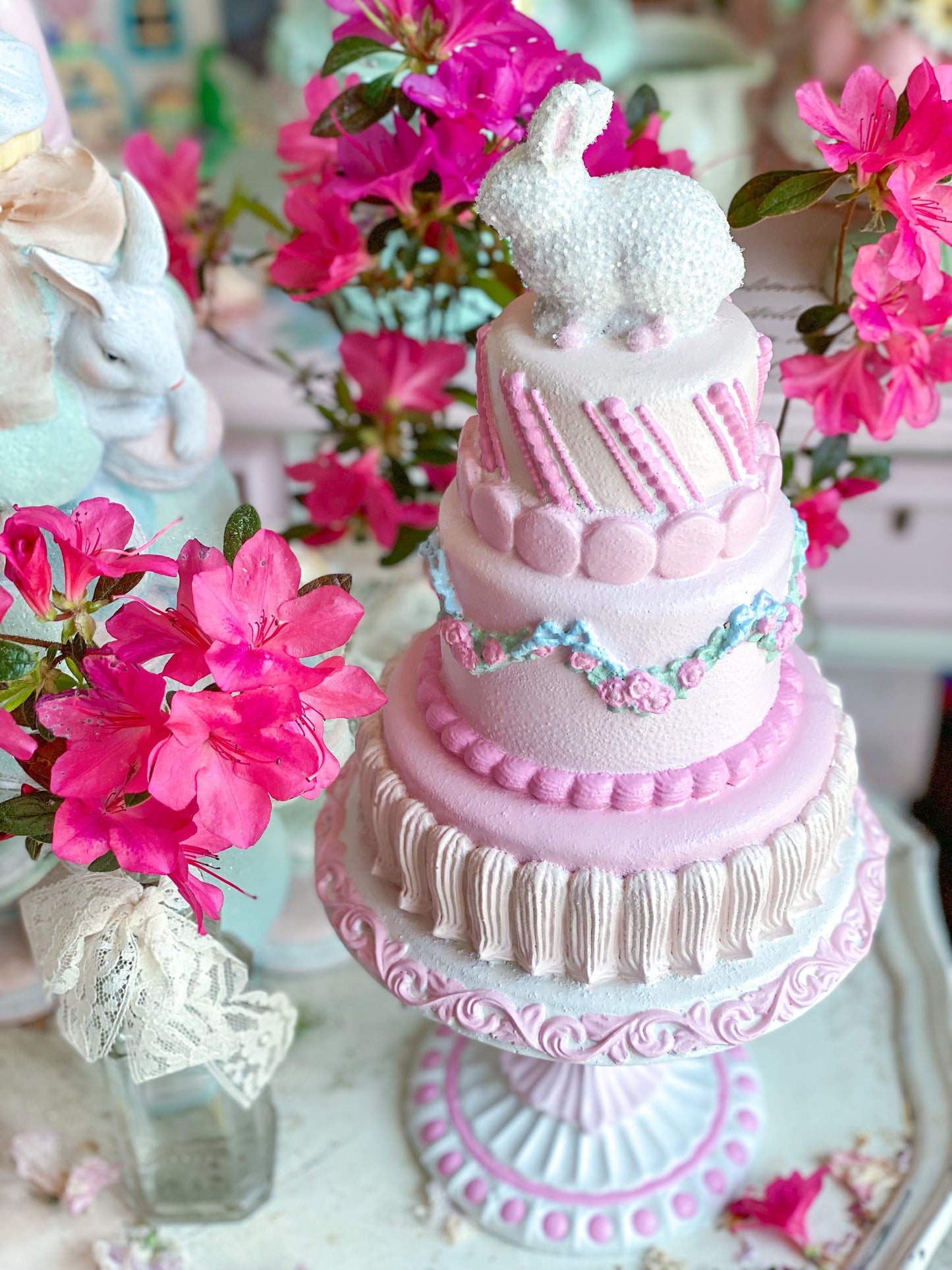 GLOW-UP COMMISSION: Bespoke Pastel Pink Bunny Cake with Floral Garland on Pedestal Base