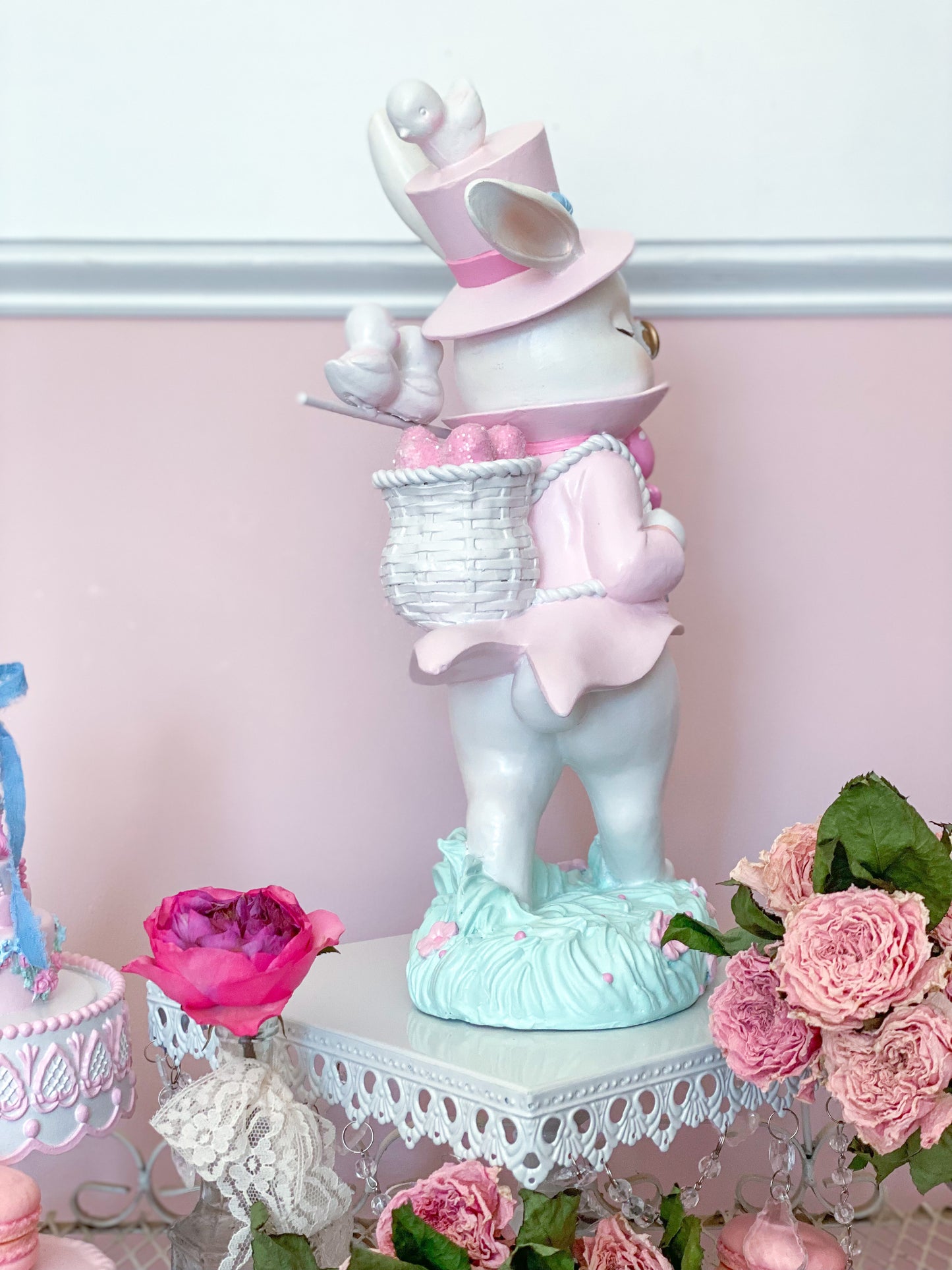 GLOW-UP COMMISSION: Bespoke Hand Painted Pastel Pink Mad Hatter Bunny Strolling with his chicks