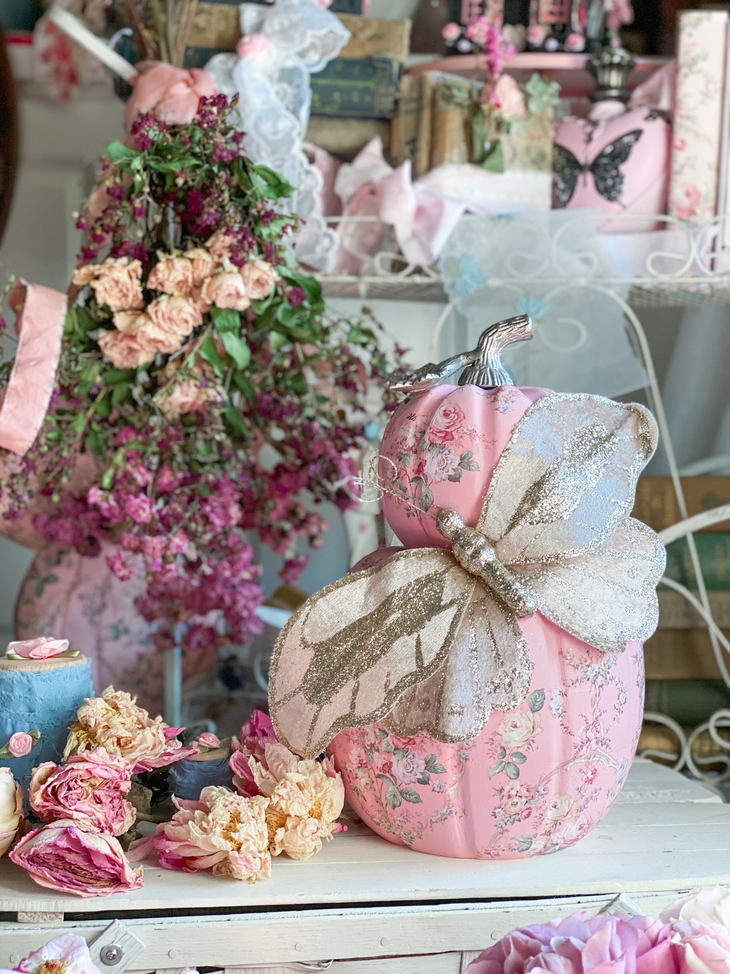 Pink Bespoke Butterfly Double Stacked Pumpkin