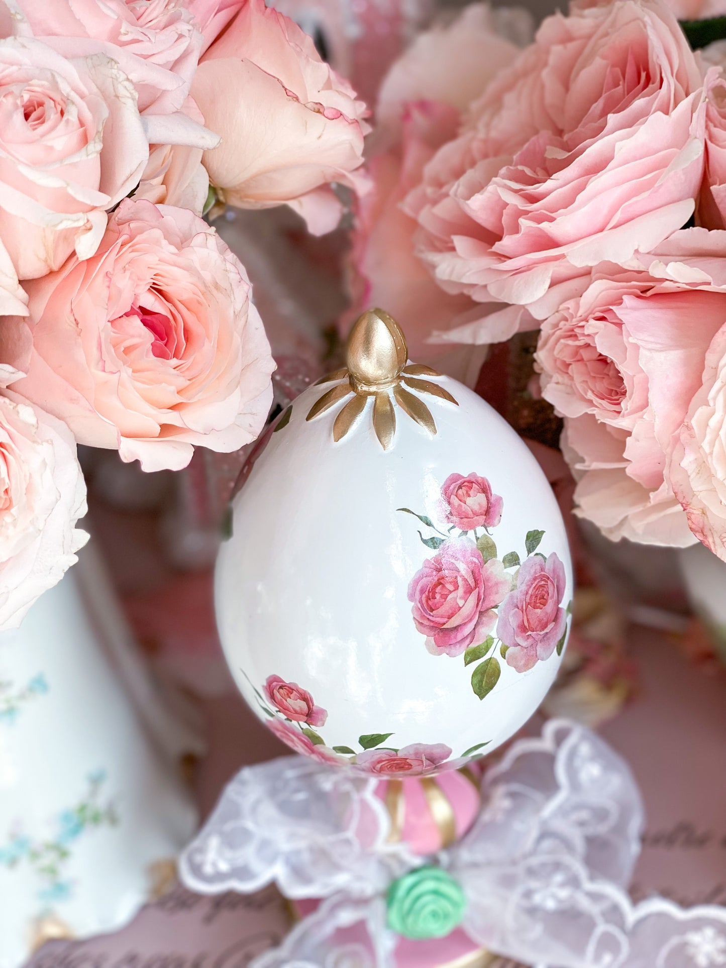 Bespoke Pastel Pink Shabby Chic Floral Easter Egg Finial Topiary