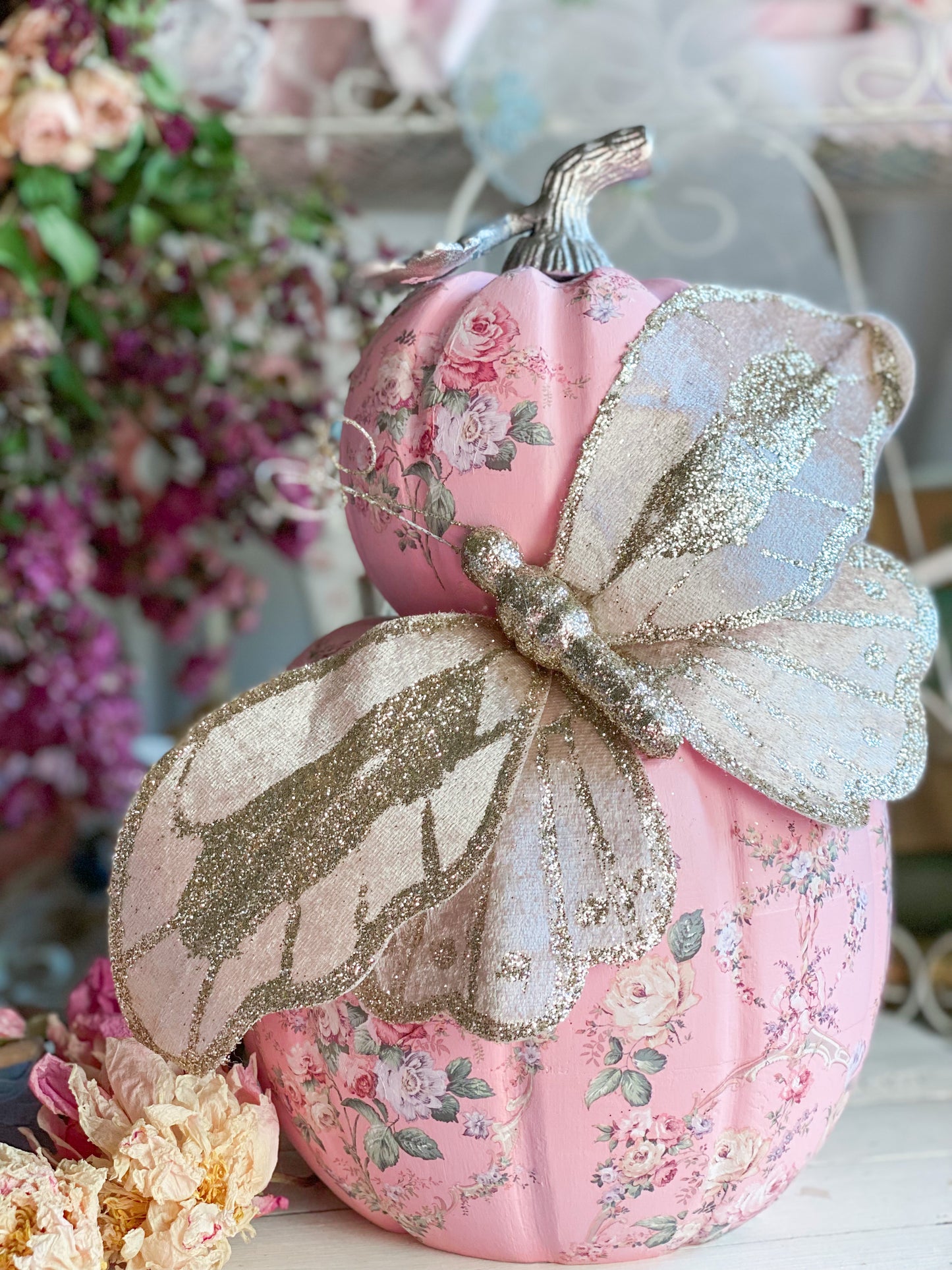 Pink Bespoke Butterfly Double Stacked Pumpkin