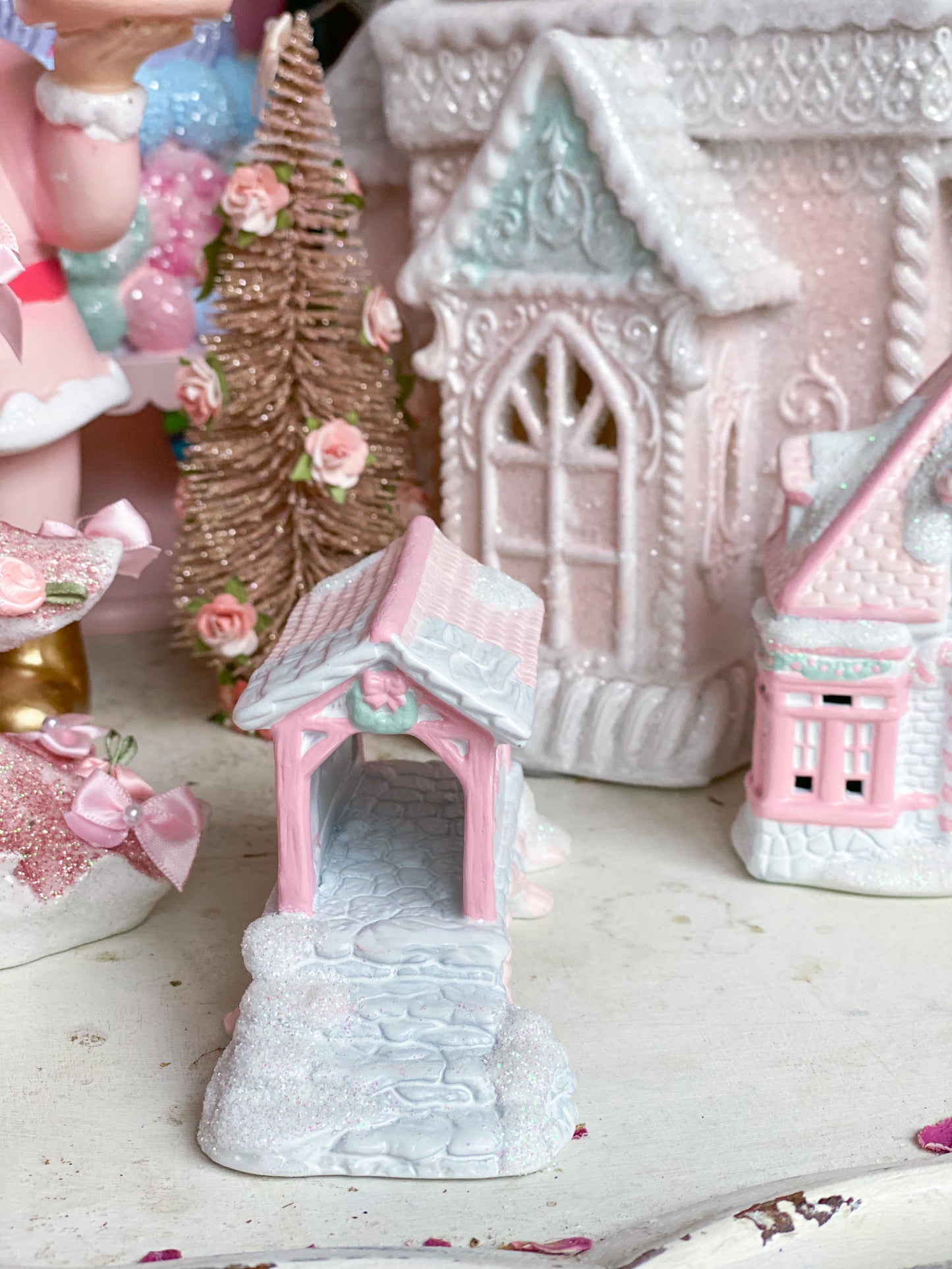 Bespoke Pink and White Christmas Village covered Bridge