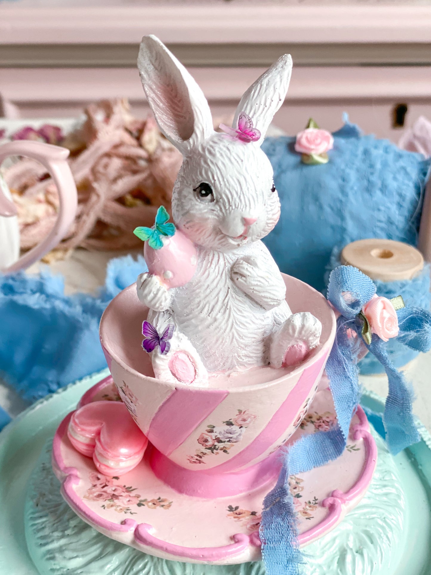 Bespoke Hand Painted Pastel Pink Bunny in a Tea Cup Cloche