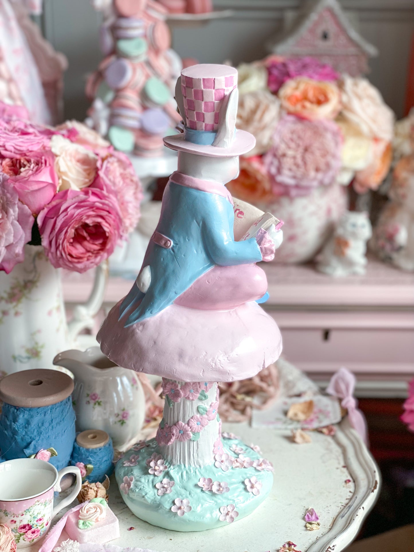 Bespoke Hand Painted Pastel Pink & Blue Mad Hatter Bunny Reading Book of Alice in Wonderland on a Mushroom