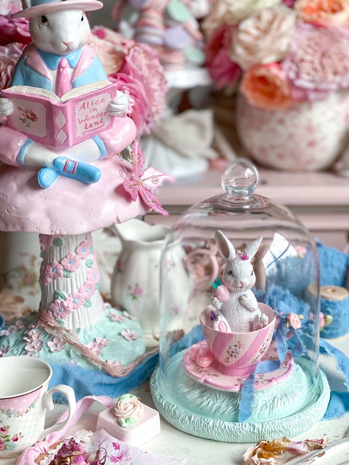 Bespoke Hand Painted Pastel Pink Bunny in a Tea Cup Cloche