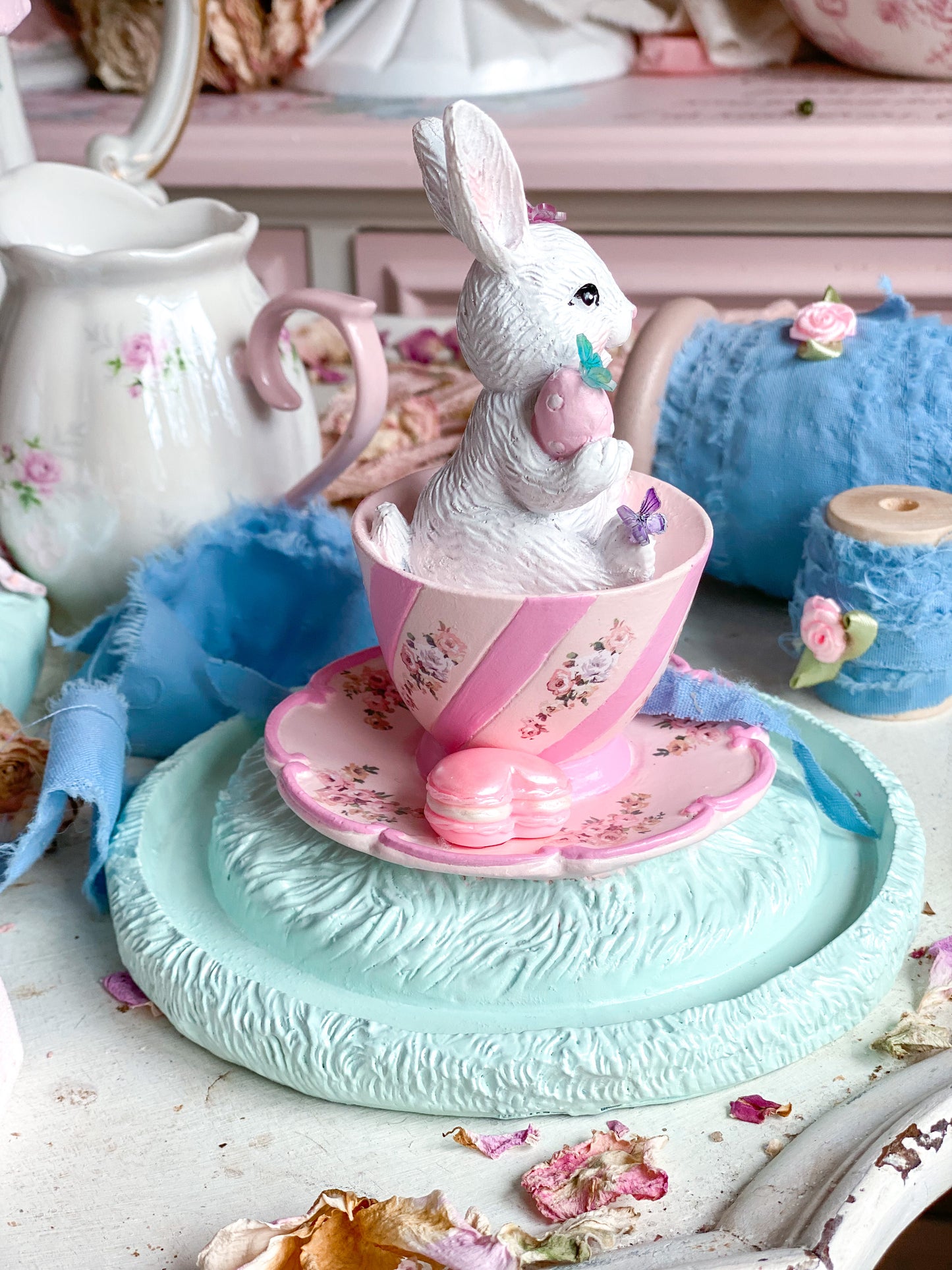 Bespoke Hand Painted Pastel Pink Bunny in a Tea Cup Cloche