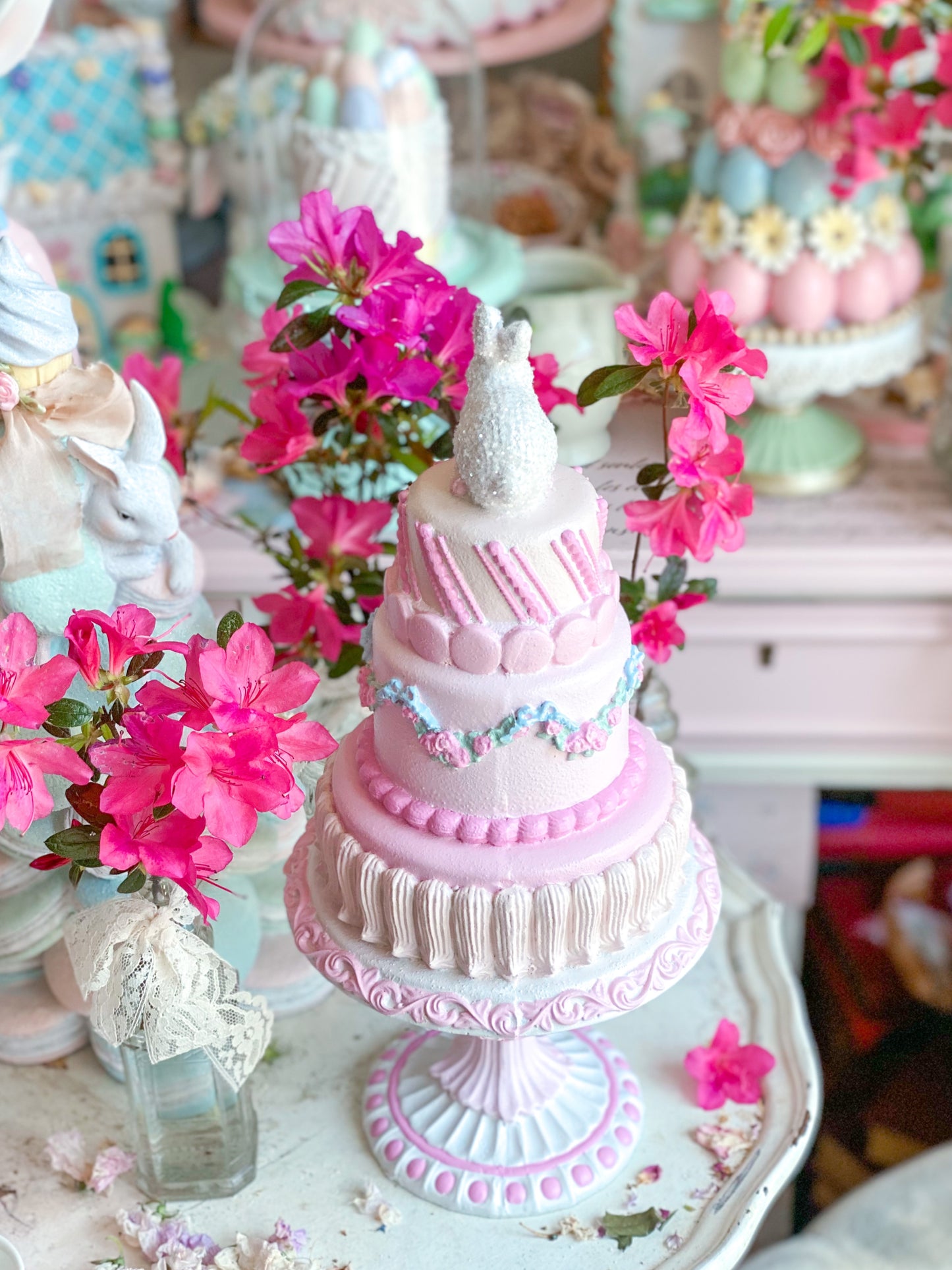 GLOW-UP COMMISSION: Bespoke Pastel Pink Bunny Cake with Floral Garland on Pedestal Base