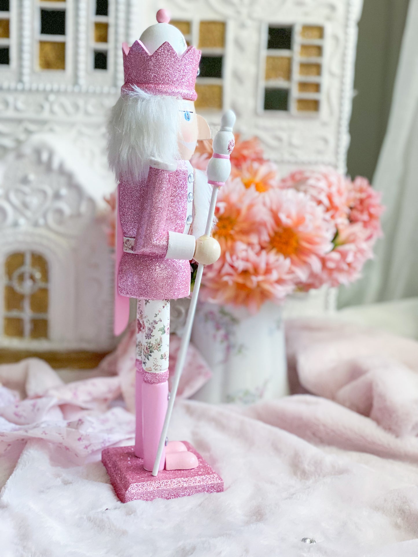 Bespoke Pink Glitter Wooden Nutcracker with Floral Pants