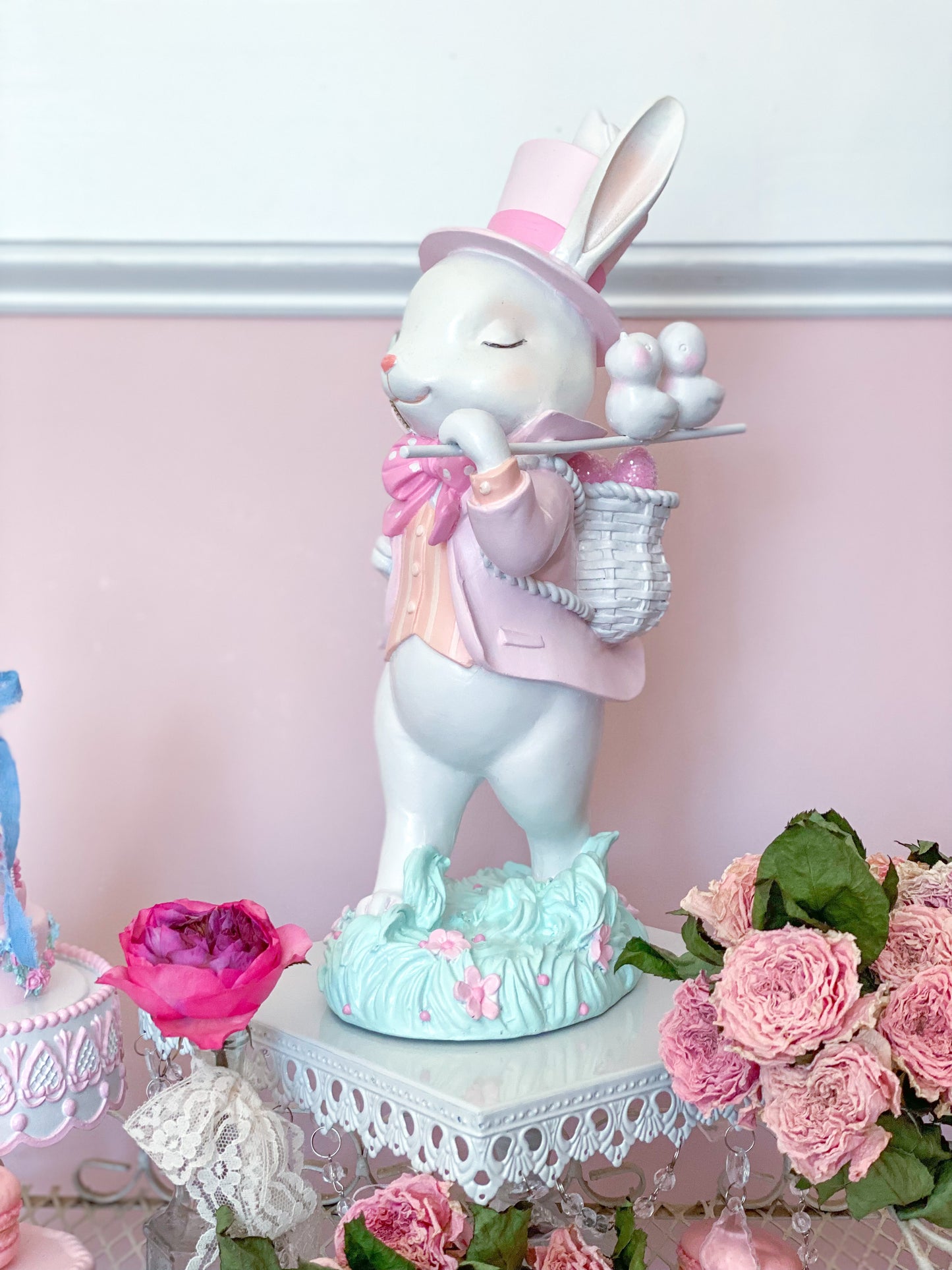 GLOW-UP COMMISSION: Bespoke Hand Painted Pastel Pink Mad Hatter Bunny Strolling with his chicks