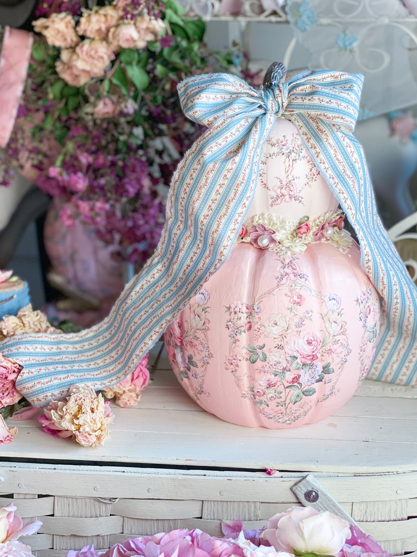 Bespoke Pink Double Pumpkin Stack w/ Blue Ribbon