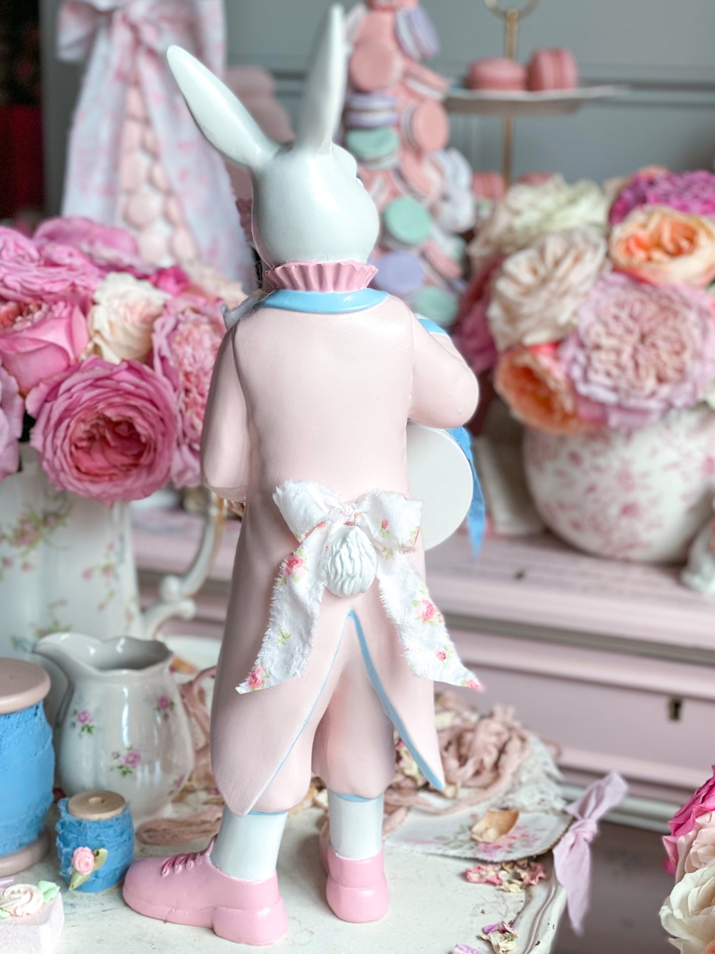 Bespoke Hand Painted Pastel Pink and Blue White Rabbit Figurine Holding Pocket Watch