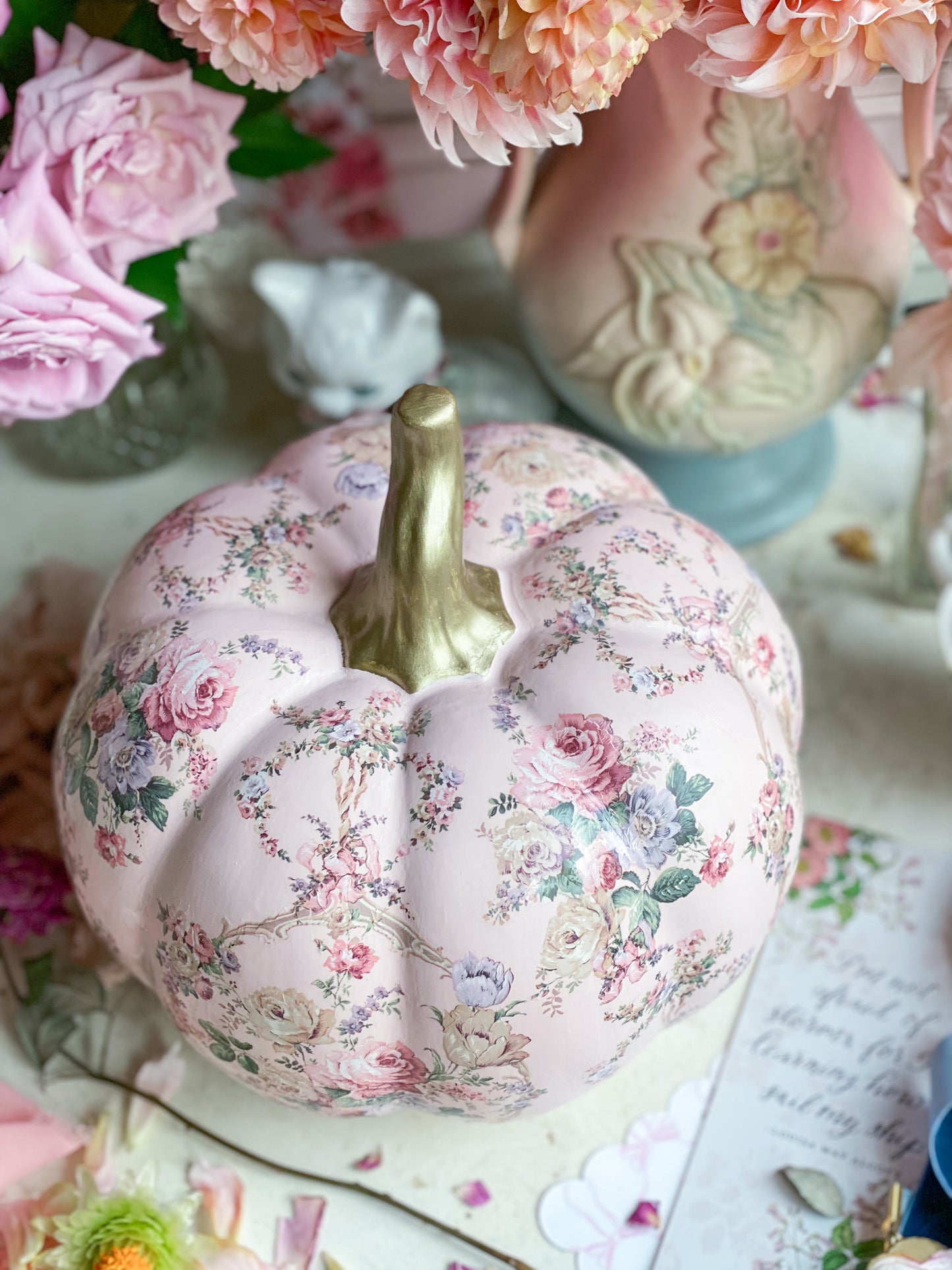 Pink Upcycled Shabby Chic Hand Painted Ceramic Pumpkin