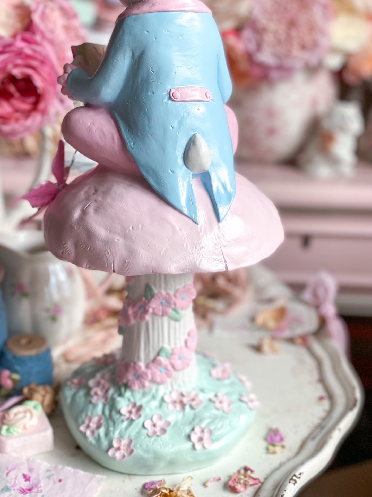 Bespoke Hand Painted Pastel Pink & Blue Mad Hatter Bunny Reading Book of Alice in Wonderland on a Mushroom