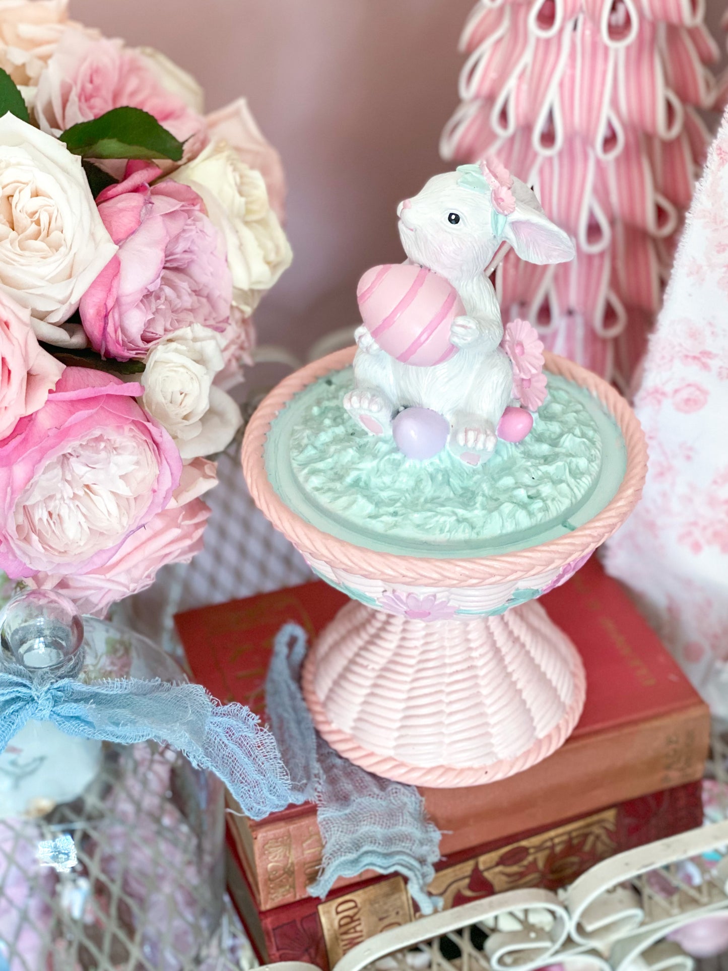 Bespoke Easter Bunny in Cloche on Pastel Pink Pedestal Base Hand Painted