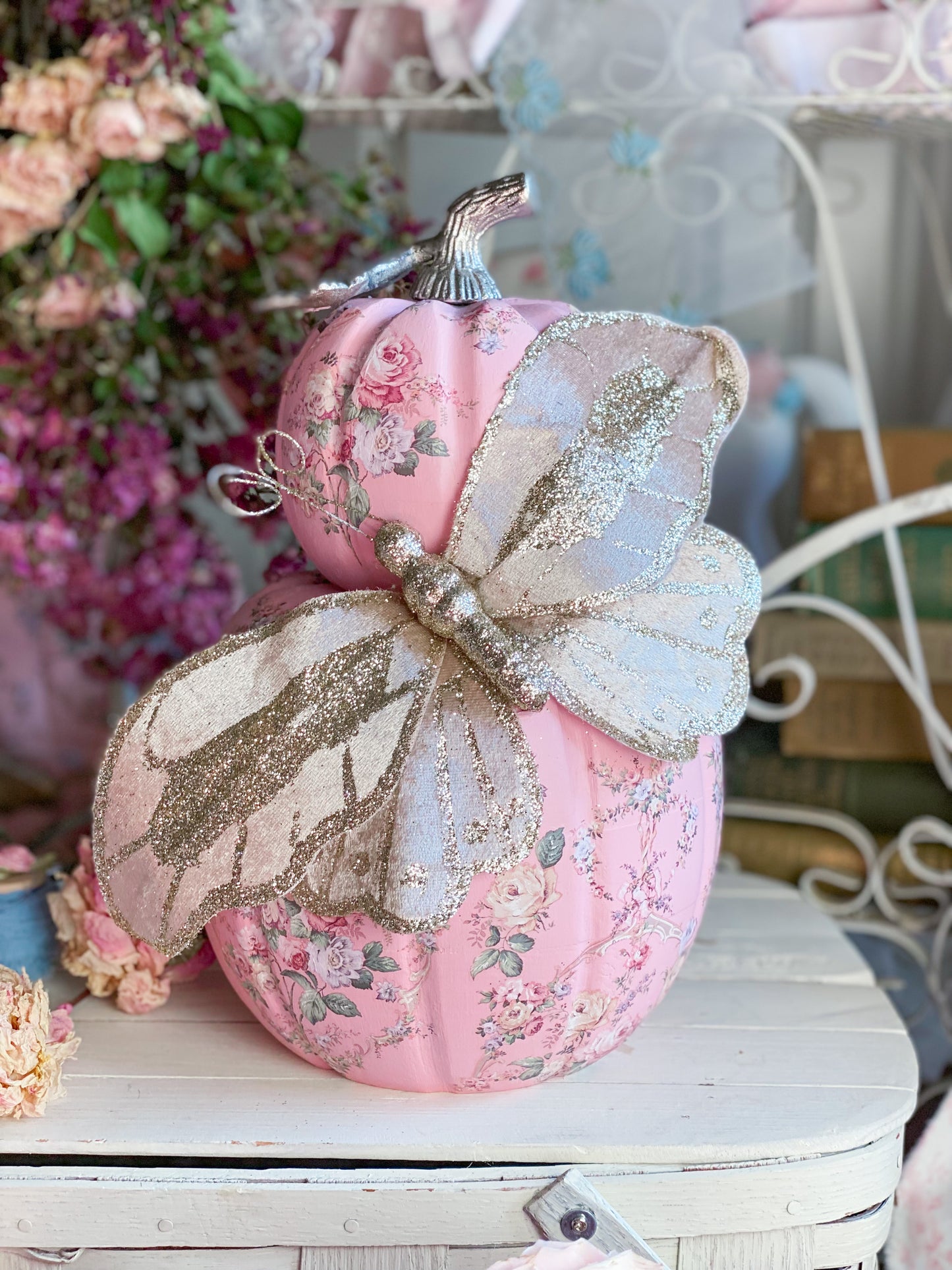 Pink Bespoke Butterfly Double Stacked Pumpkin