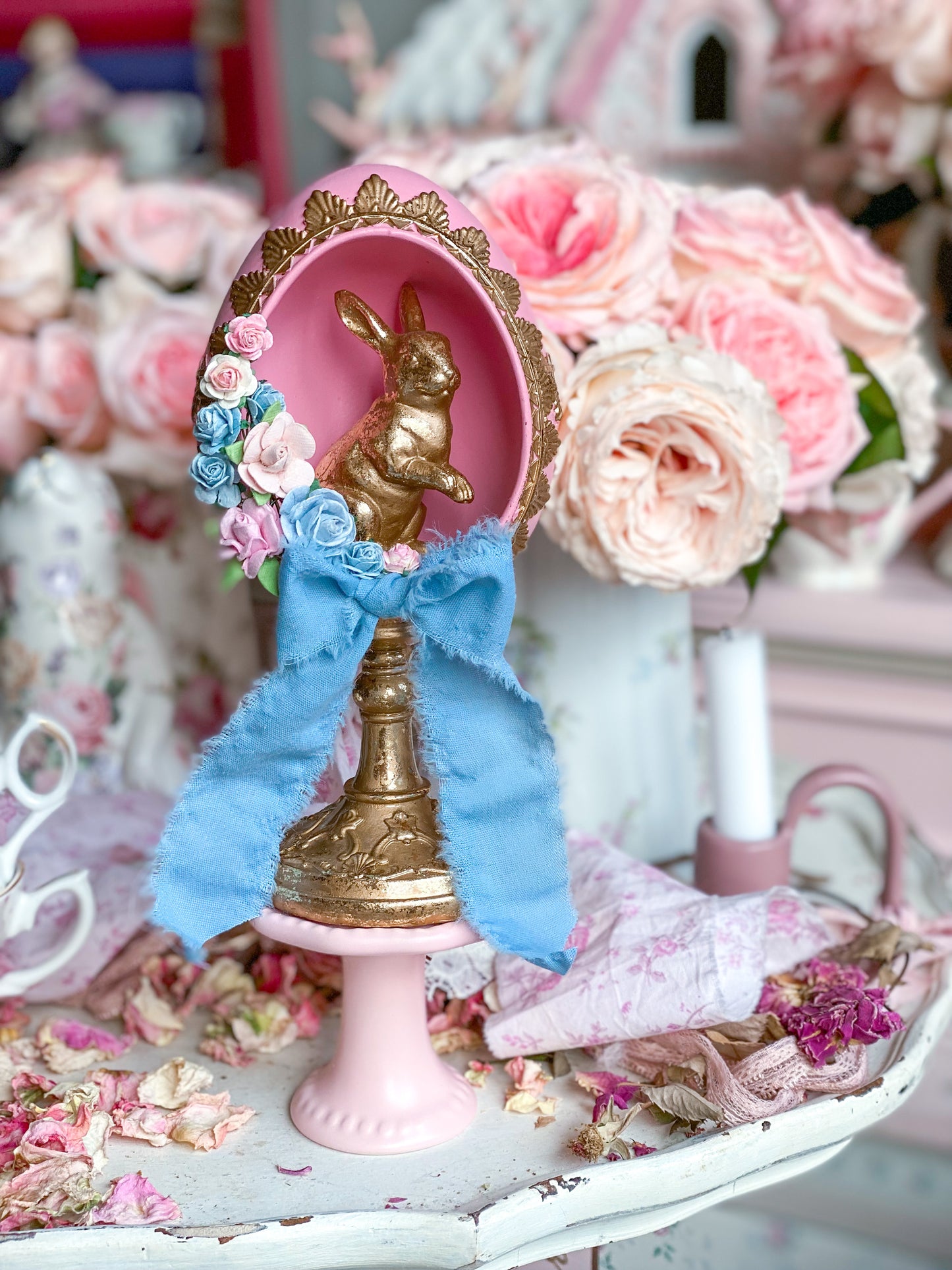 Bespoke Pastel Pink, Blue and Gold Shabby Chic Egg Finial with Easter Bunny