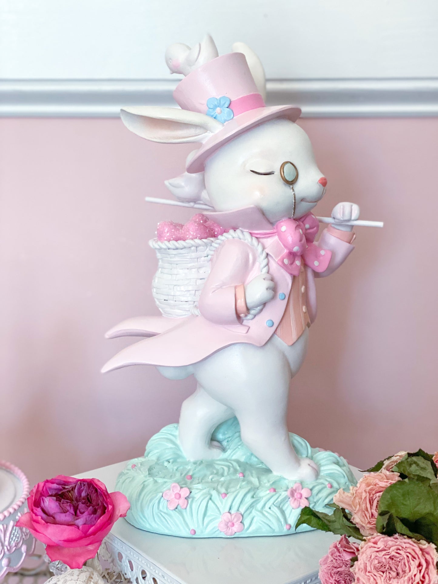 GLOW-UP COMMISSION: Bespoke Hand Painted Pastel Pink Mad Hatter Bunny Strolling with his chicks