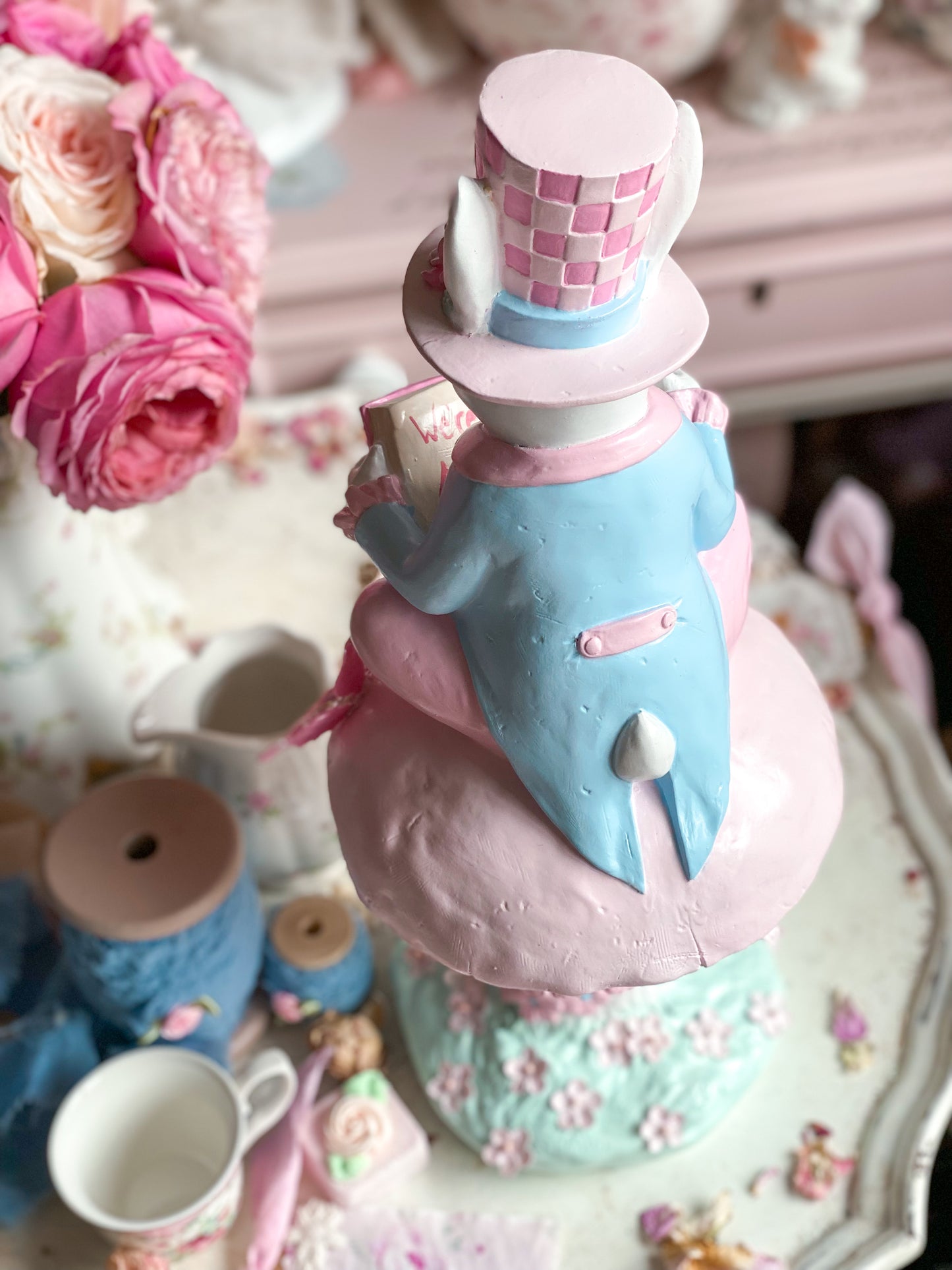 Bespoke Hand Painted Pastel Pink & Blue Mad Hatter Bunny Reading Book of Alice in Wonderland on a Mushroom