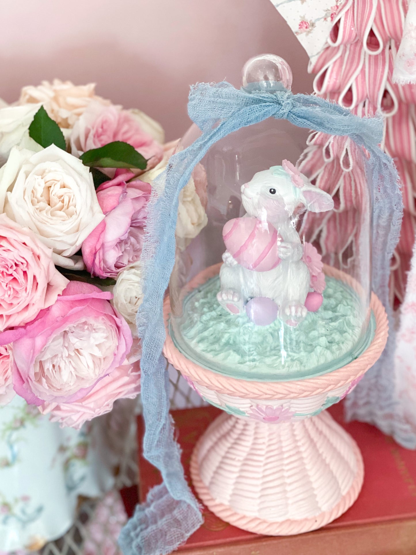Bespoke Easter Bunny in Cloche on Pastel Pink Pedestal Base Hand Painted