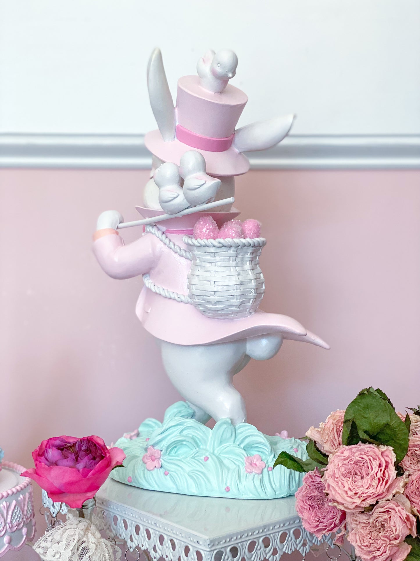 GLOW-UP COMMISSION: Bespoke Hand Painted Pastel Pink Mad Hatter Bunny Strolling with his chicks