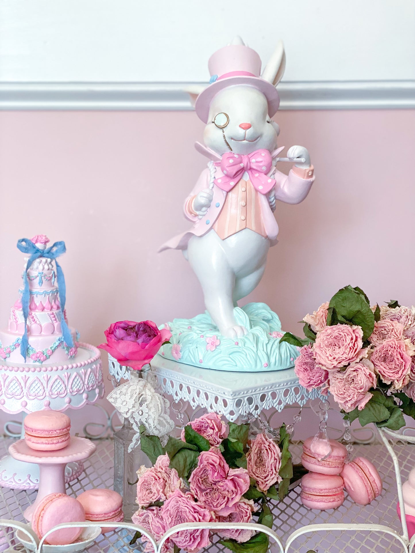 GLOW-UP COMMISSION: Bespoke Hand Painted Pastel Pink Mad Hatter Bunny Strolling with his chicks