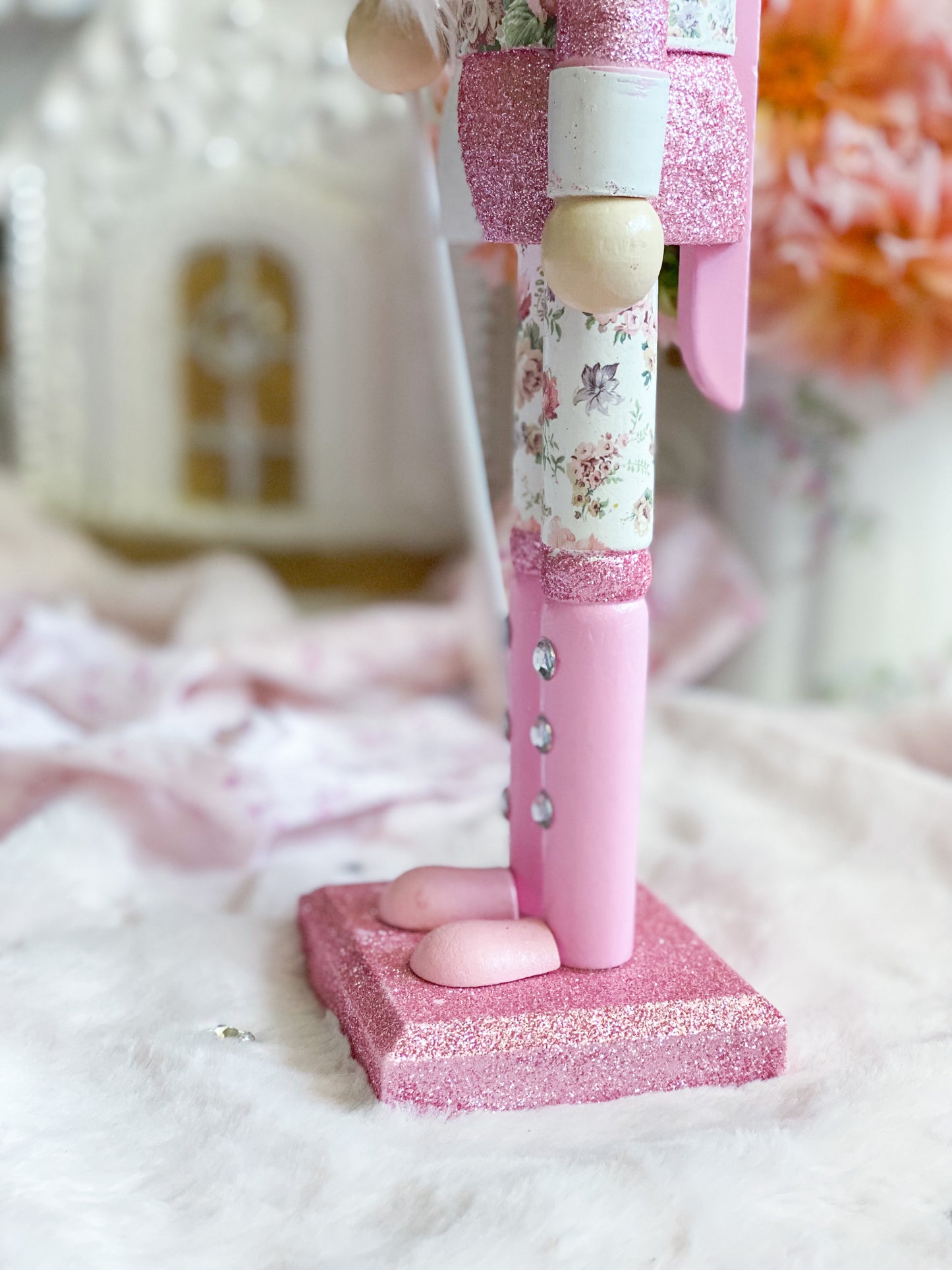 Bespoke Pink Glitter Wooden Nutcracker with Floral Pants