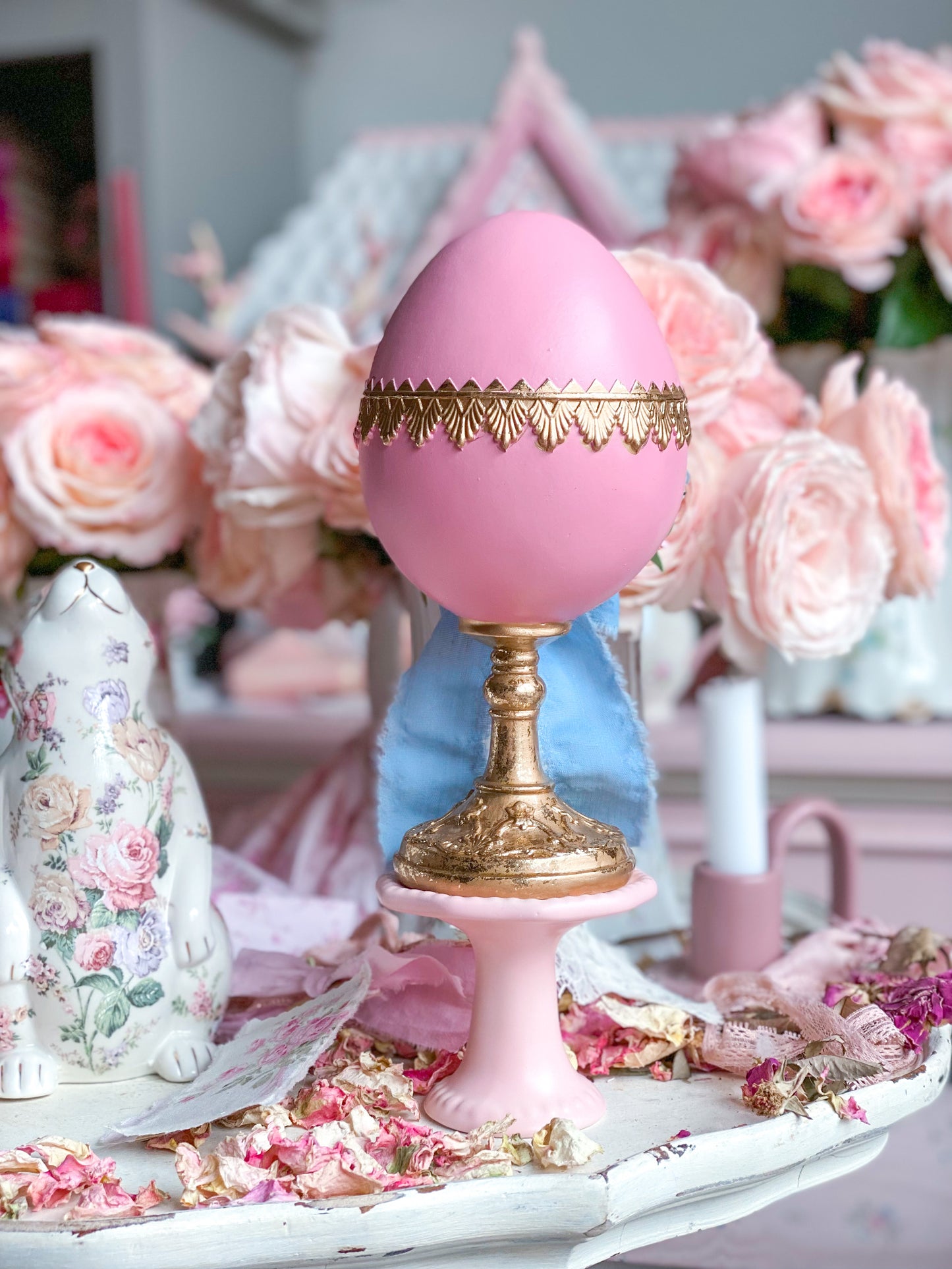 Bespoke Pastel Pink, Blue and Gold Shabby Chic Egg Finial with Easter Bunny