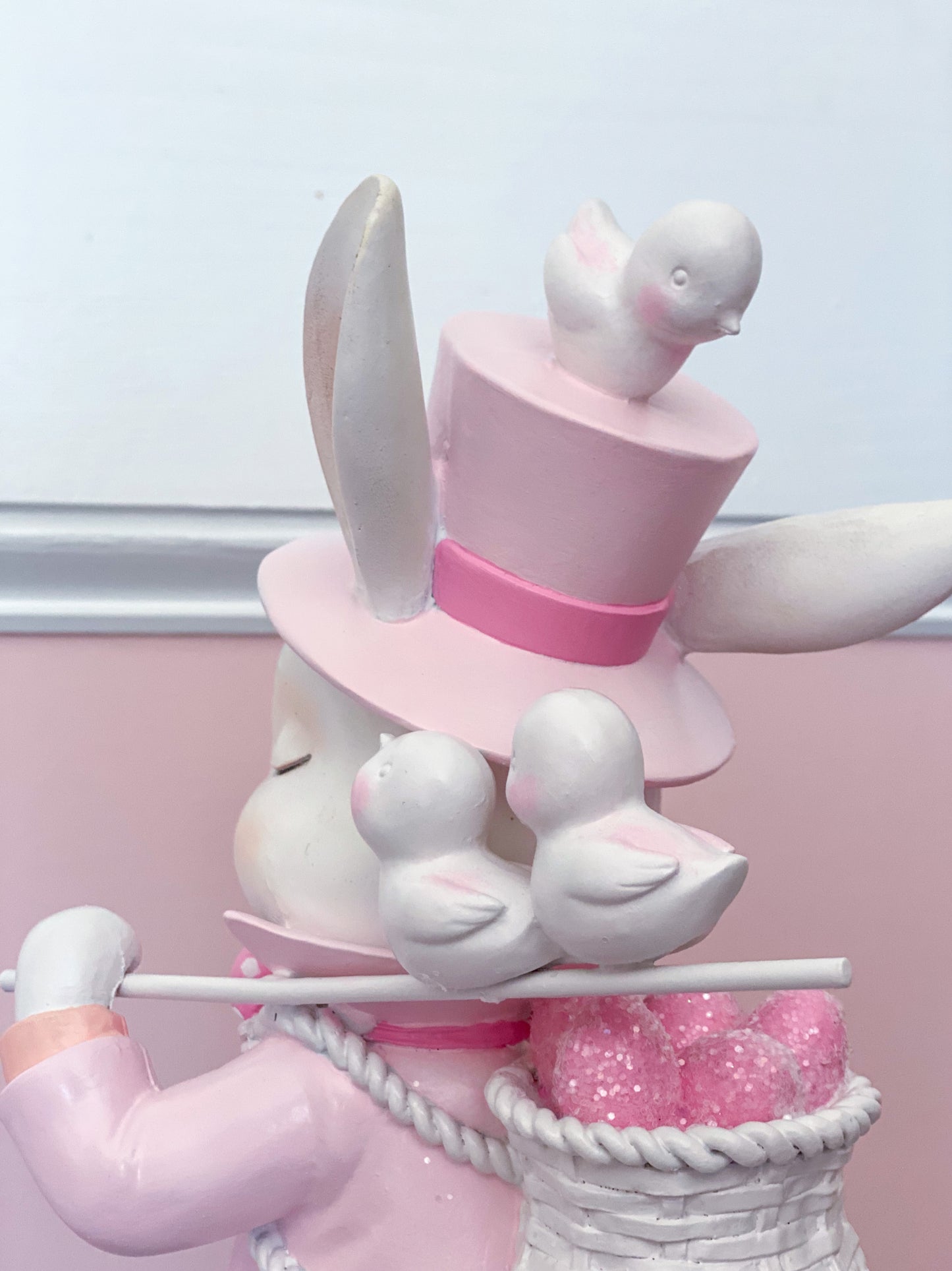 GLOW-UP COMMISSION: Bespoke Hand Painted Pastel Pink Mad Hatter Bunny Strolling with his chicks