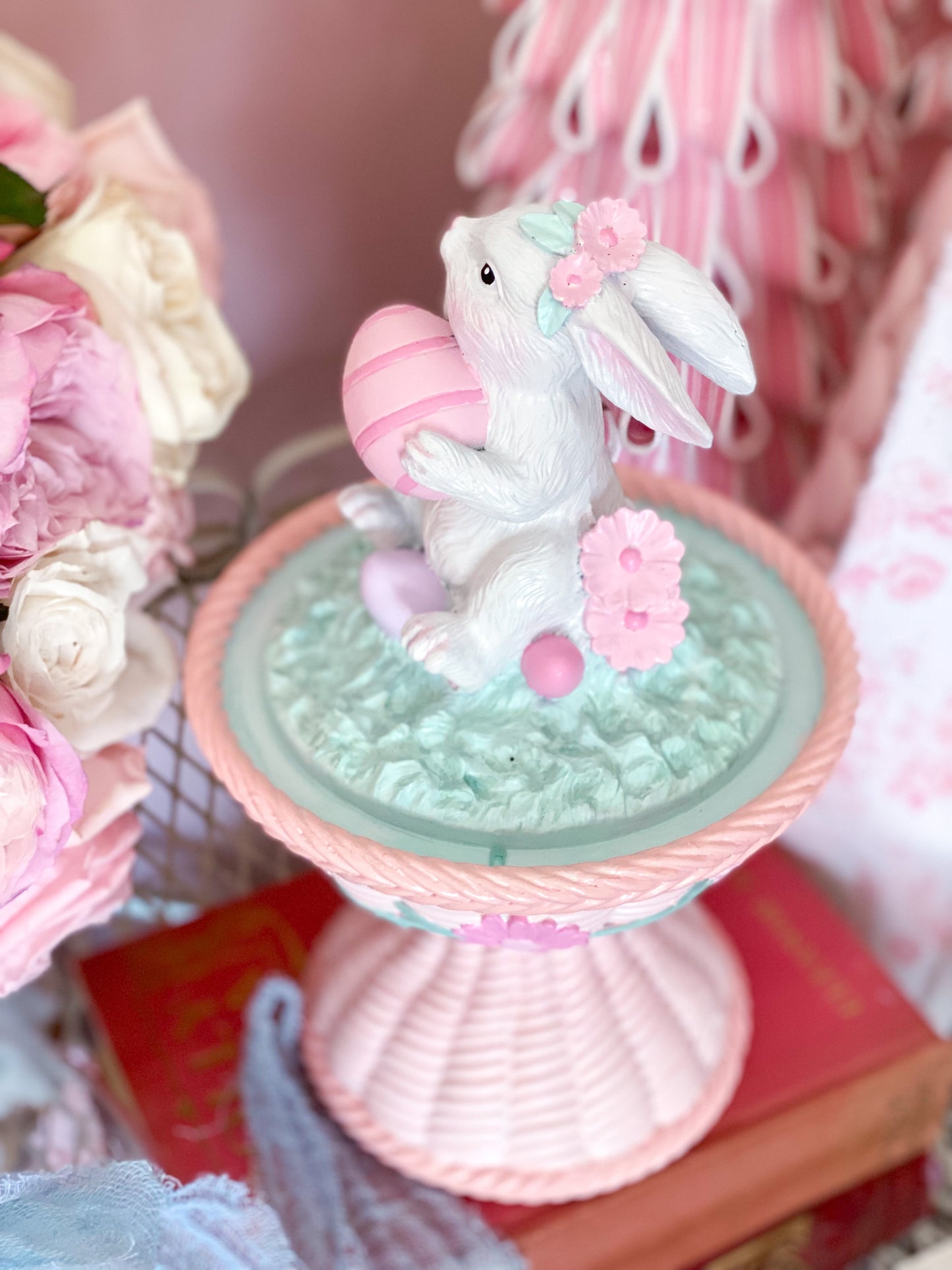 Bespoke Easter Bunny in Cloche on Pastel Pink Pedestal Base Hand Painted